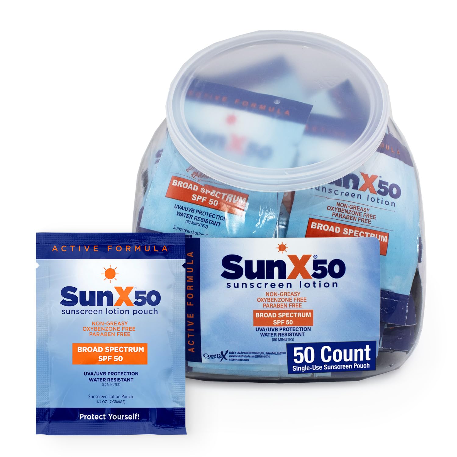 CoreTex Sun X 50 SPF Broad Spectrum Sunscreen Packets - Fishbowl Pack of 50 Paraben, Oxybenzone, Octinoxate, & Oil Free Sunscreen - No White Cast and Water Resistant Up to 80 Minutes
