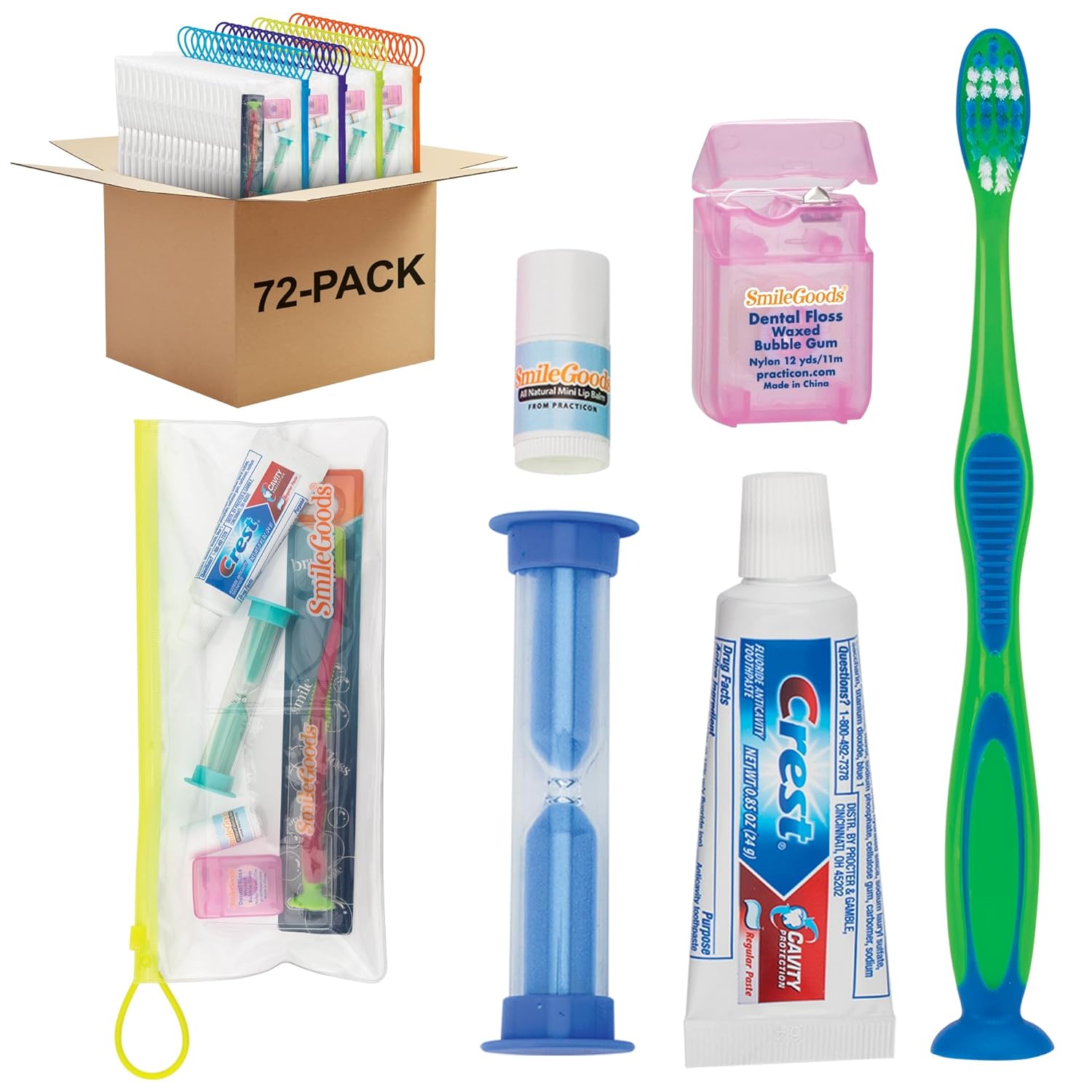SmileGoods Child Deluxe Dental Care Kit with Toothbrush, Toothpaste, Floss, Sand Timer and Lip Balm, 72 Pack SmileGoods Child Deluxe Dental Care Kit with Toothbrush, Toothpaste, Floss, Sand Timer and Lip Balm, 72 Pack