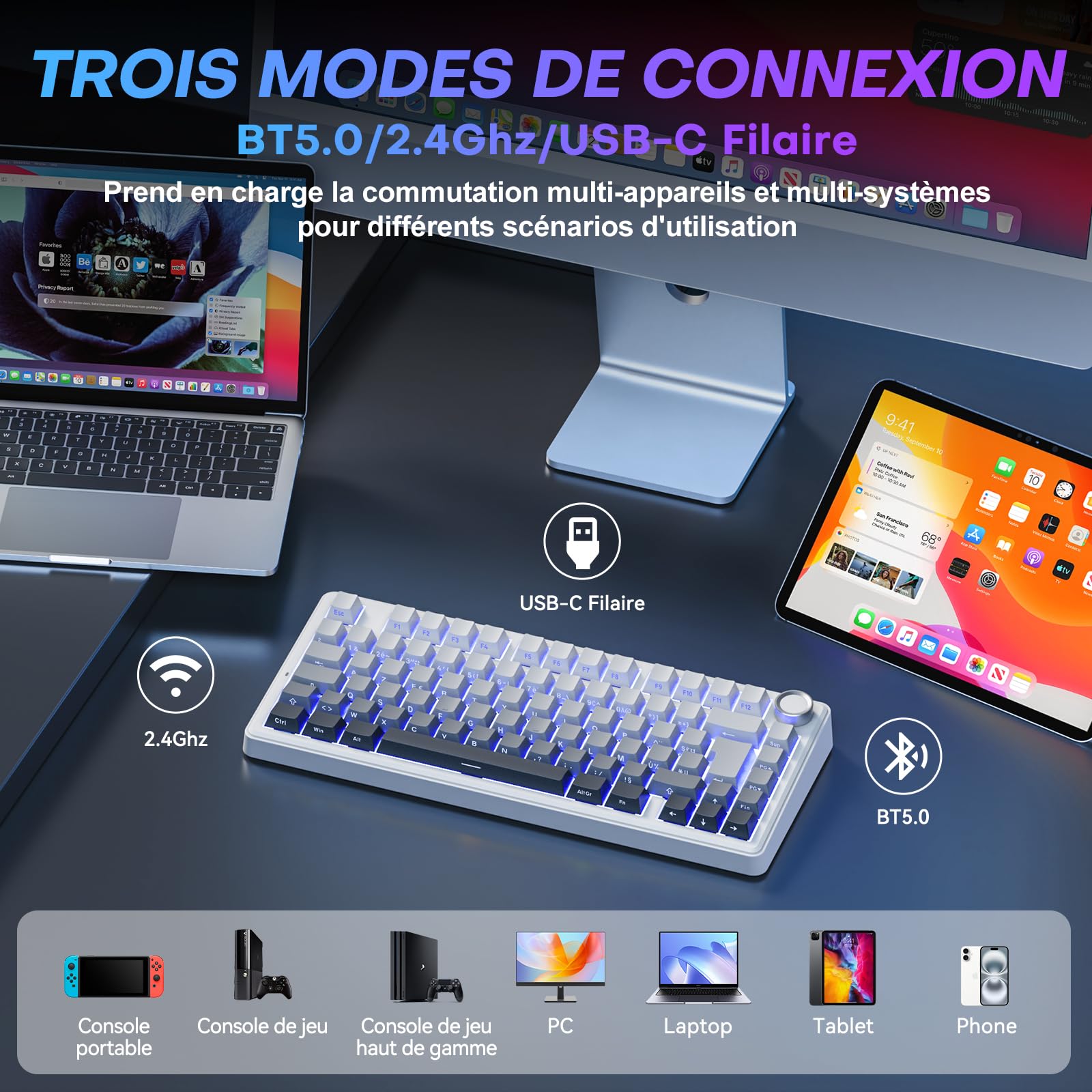 TECURS Tastiera meccanica da gioco - 75% ISO-FR wireless hot swap, montaggio a gasset, RGB, MK209 Tastiera da gioco AZERTY con pulsante, tastiera tri-modale TKL, tasti PBT, Creamy Sound, Red Switch