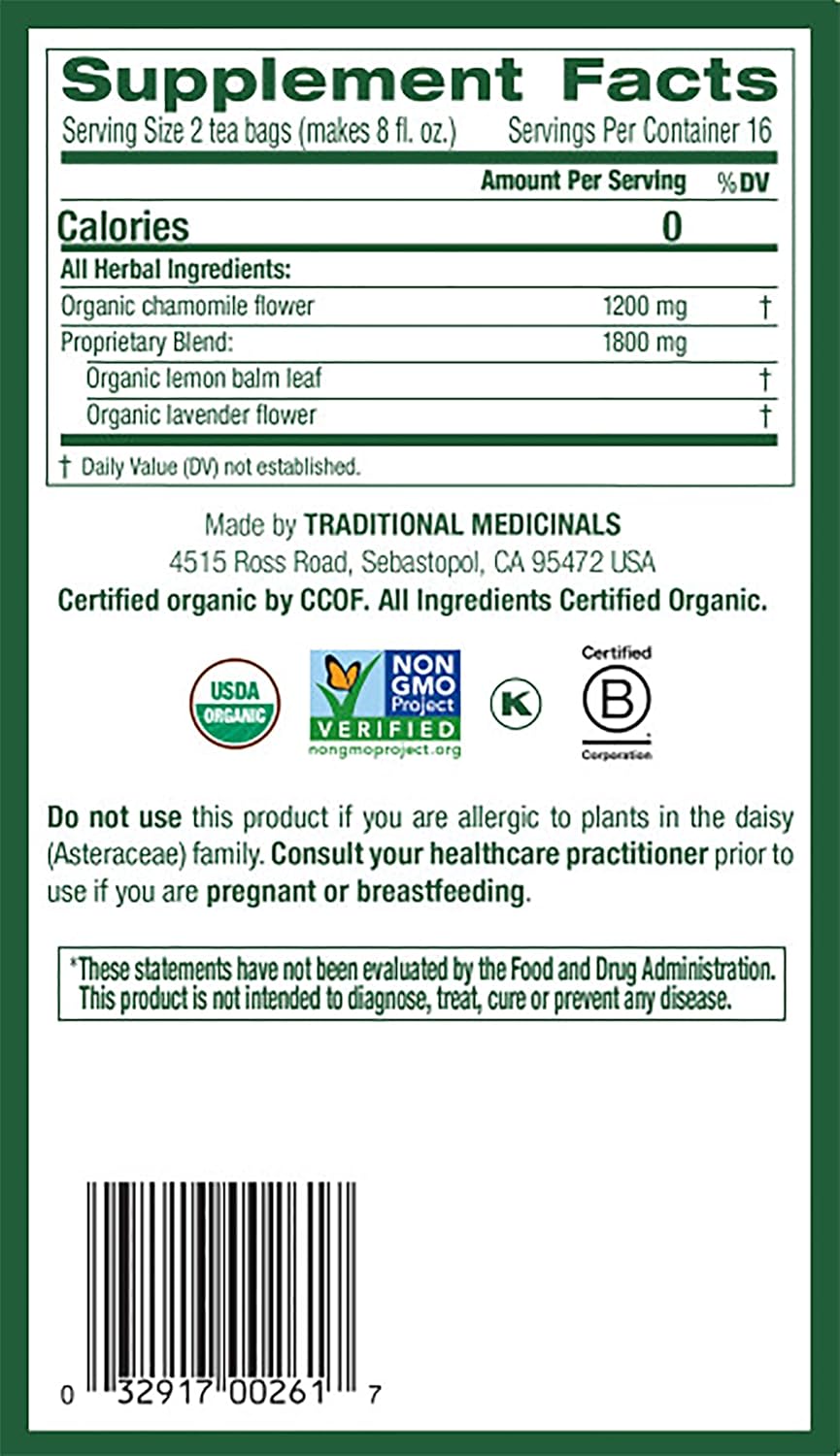 Traditional Medicinals Organic Chamomile & Lavender Herbal Tea, Settles Nervous System, (Pack of 4) - 64 Tea Bags Total