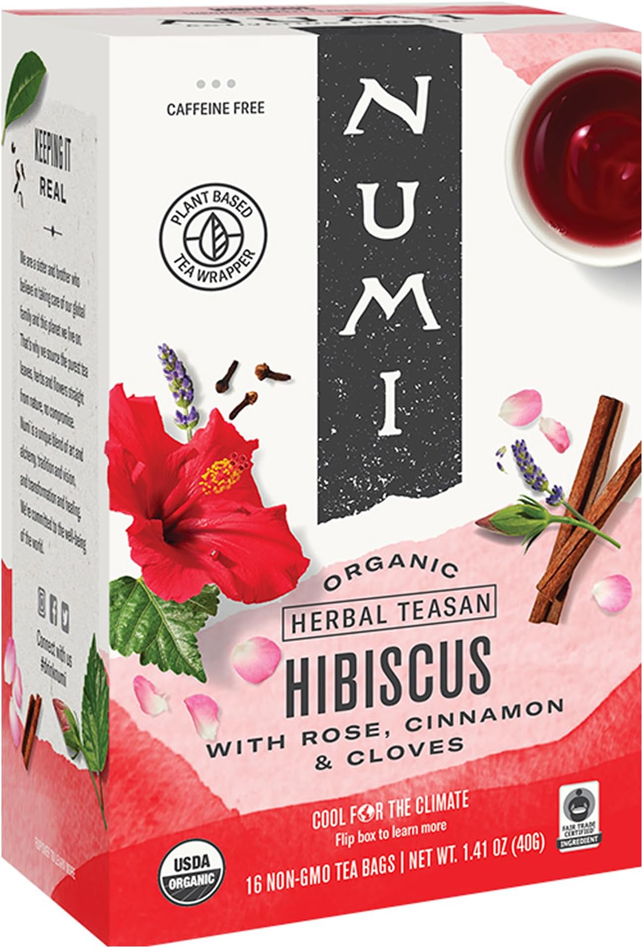 Numi Organic Tea Hibiscus Herbal Teasan, 16 Tea Bags (Pack of 6) Tangy Hibiscus, Sweet Floral, Warming Spices, Caffeine Free