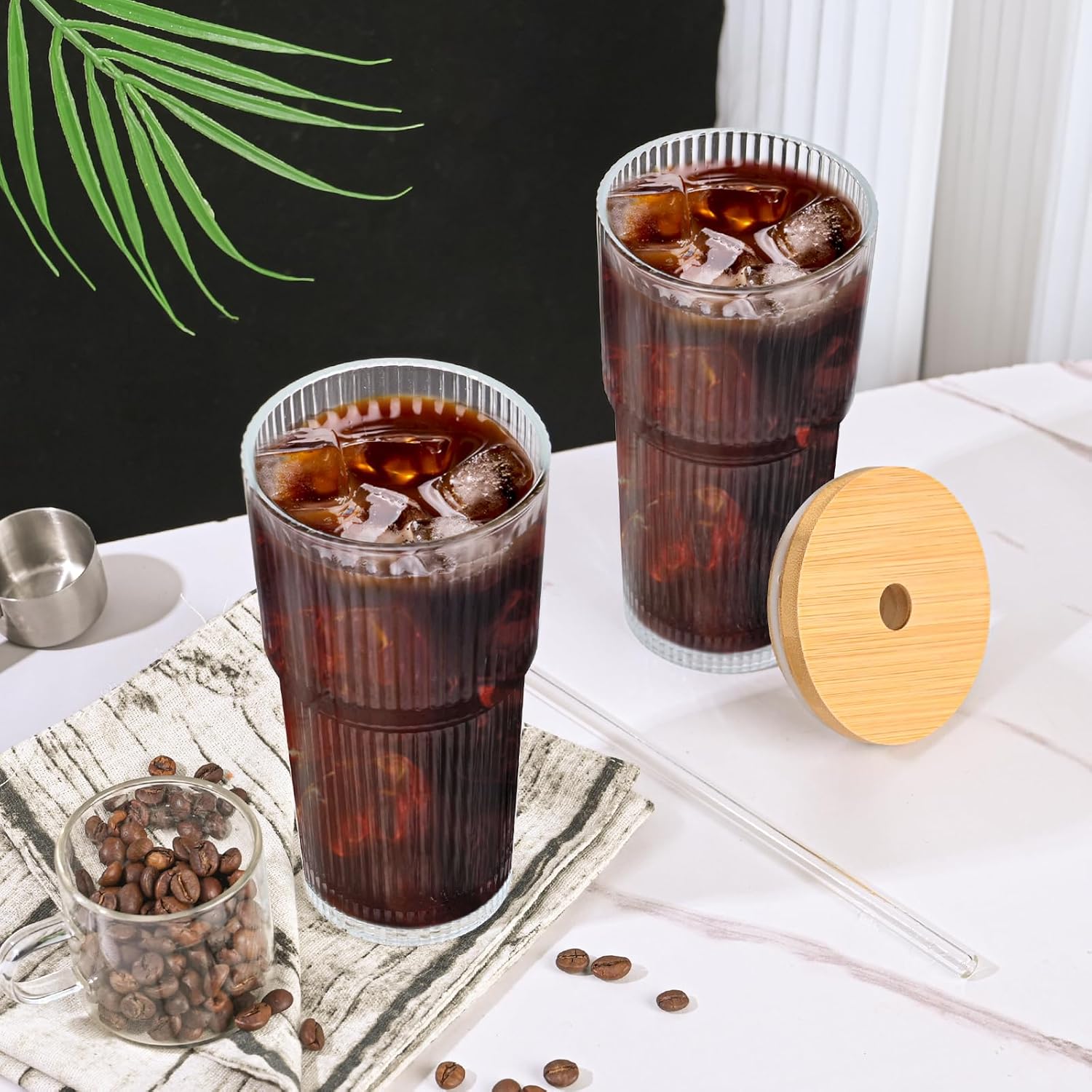 20oz Glass Cups with Lids and Straws,1PCS Ribbed Glass Coffee Cups,Iced Coffee Cups with Lid,Vintage Bamboo Tumbler for Juice,Smoothies - Image 5