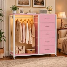 Cyclysio Storage Clothes Rack with 5 Drawers, Charging Station & LED Lights | Garment Rack with Fabric Chest Shelves Clothing Rack, Wooden Portable Wardrobe Closet