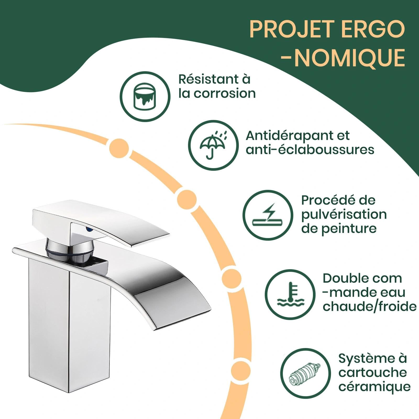 Robinet de salle de bain avec jeu d'échappement, mitigeur en cascade pour lavabo, monocommande pour salle de bain avec tuyau de raccordement G3/8 pour WC des invités (hauteur de drain 80 mm