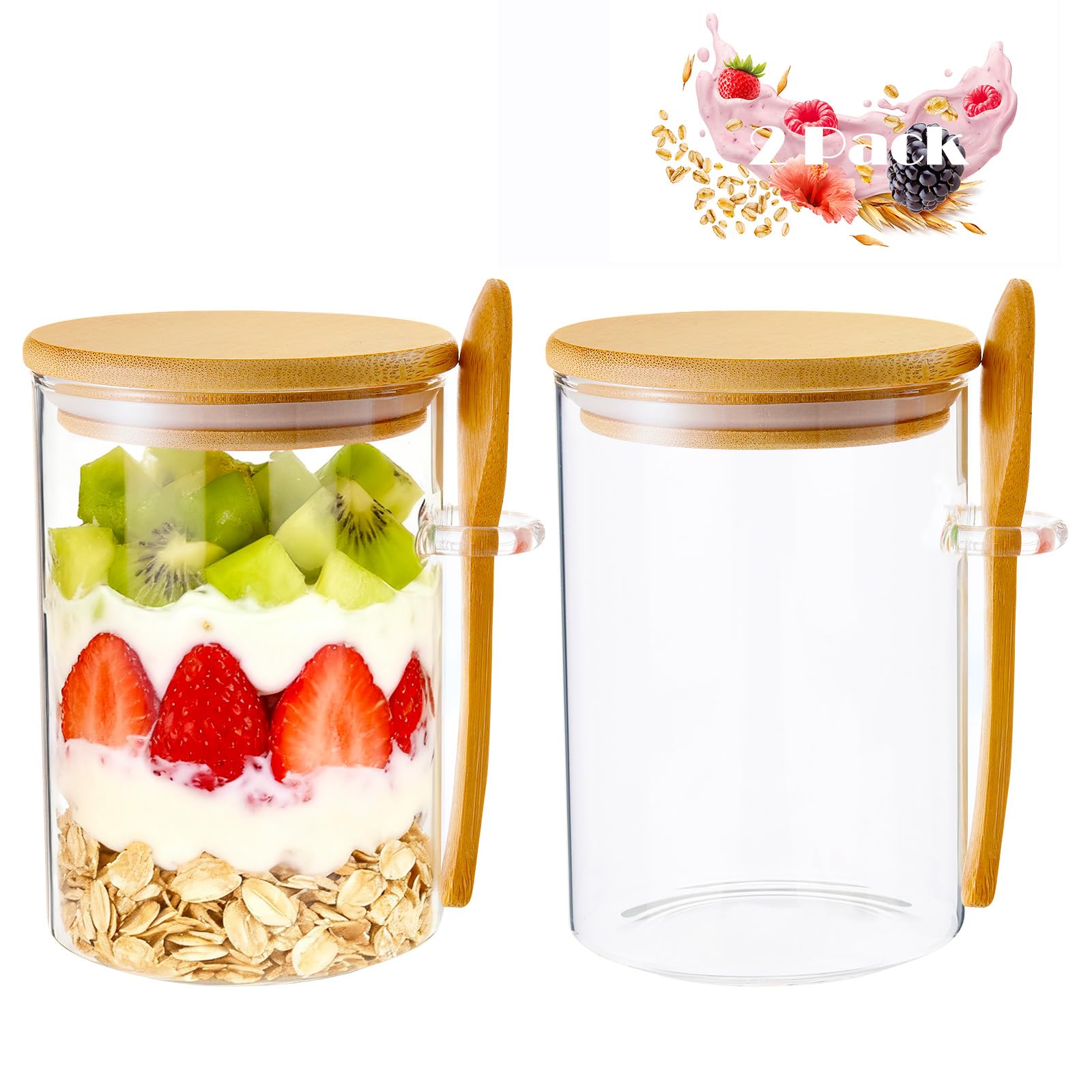 Overnight Oats Containers With Lids and Spoons, 2pack Glass Jars with Bamboo Lids, Leak-Proof Overnight Oats Jars for Cereal, Yogurt, Chia Pudding