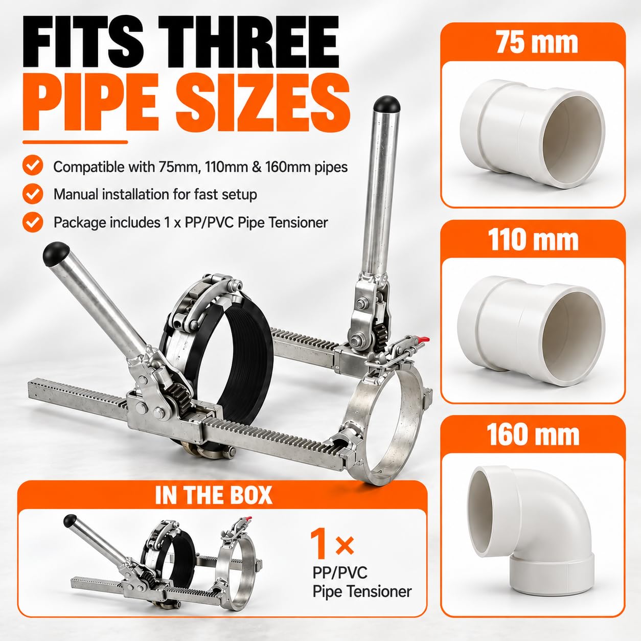 Tensor de tubos PP PVC, abrazadera de trinquete para tubos corrugados 160mm