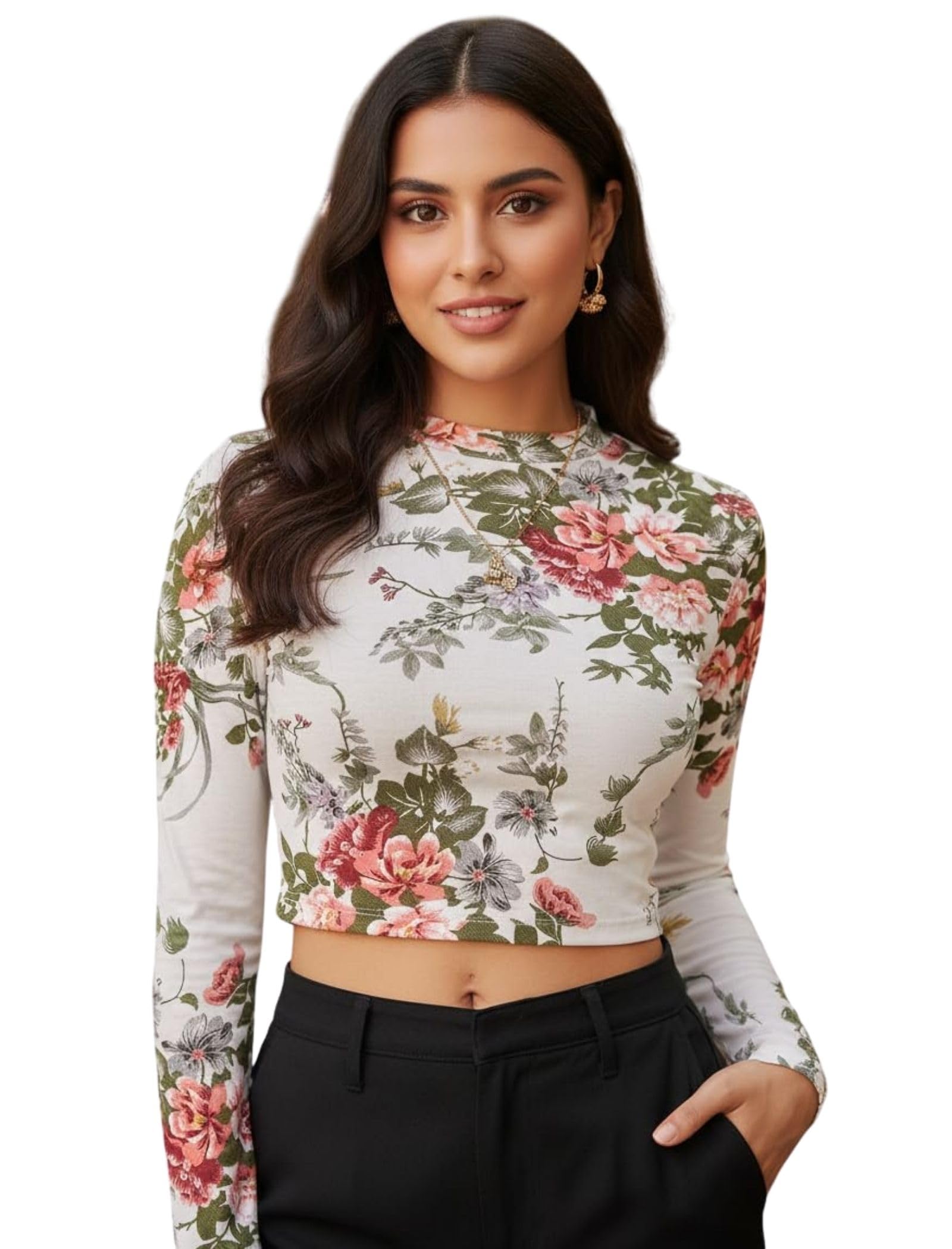 Women's Polyester Crop Top with Full Sleeves High Round Neck Floral Printed Pattern Classic Style Body Fit and Waist Length | Casual Tops for Womans Stylish Look-image-25