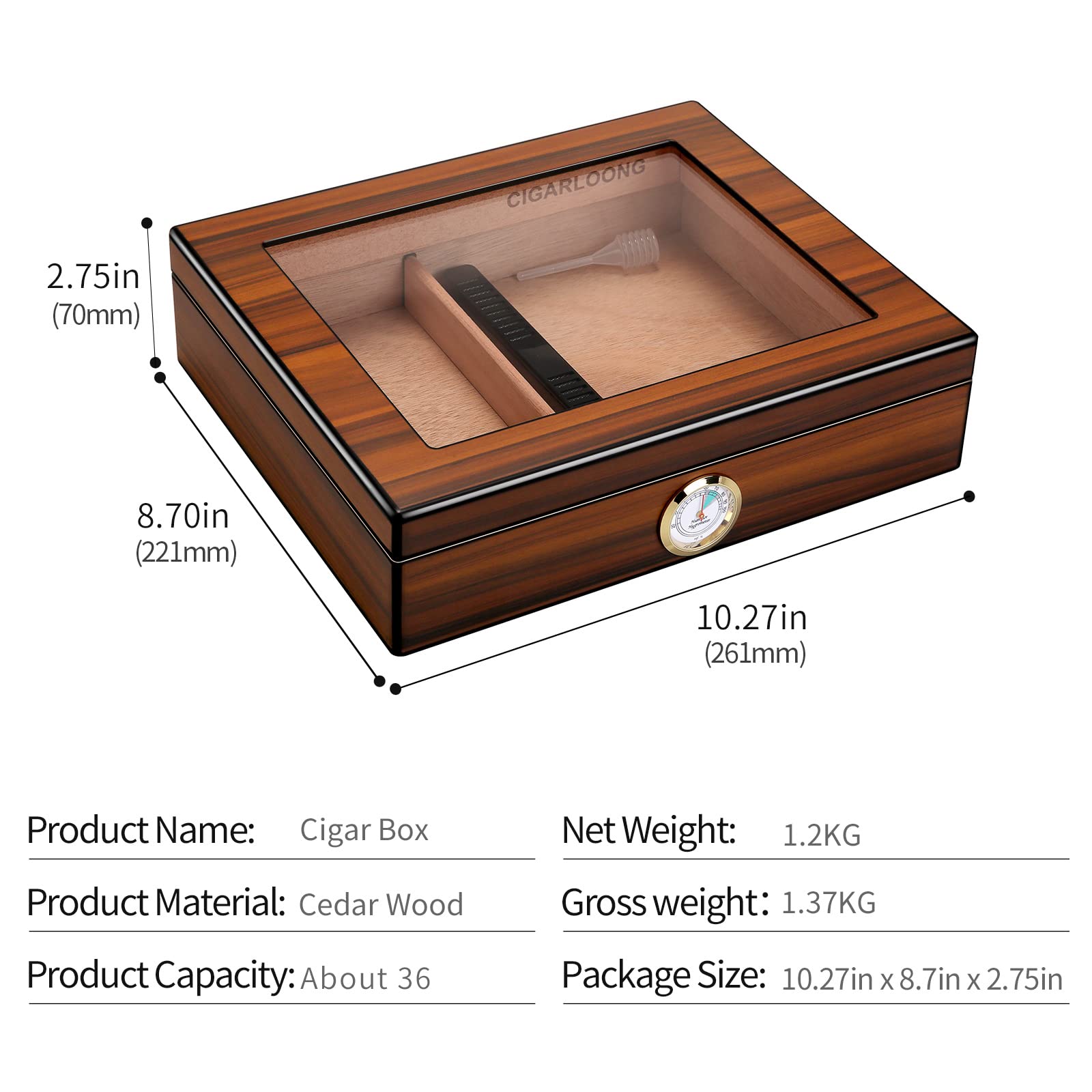 CIGARLOONG Zigarren Humidor aus Zedernholz mit Hygrometer und Luftbefeuchter für bis zu 20-25 Zigarren（M）