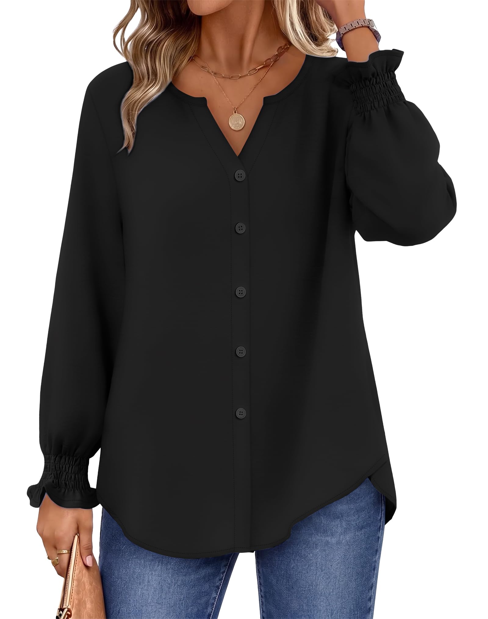 OFEEFAN Womens Long Sleeve Blouse V Neck Button Down Shirt Smocked Cuffs | V Neck Button Down Blouse, Smocked Ruffle Cuffs, Relaxed Fit, Sizes S-3XL for Work, Office, Travel and Daily Wear