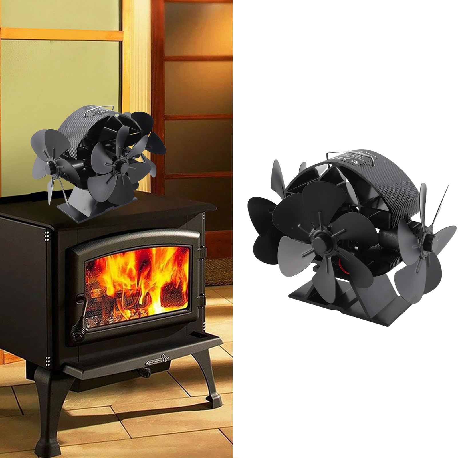Ventilador de estufa accionado por calor, 3 cabezales de 18 palas de 270 ° de aluminio oscilante soplando ventilador de chimenea con manija de cubierta protectora para estufa de
