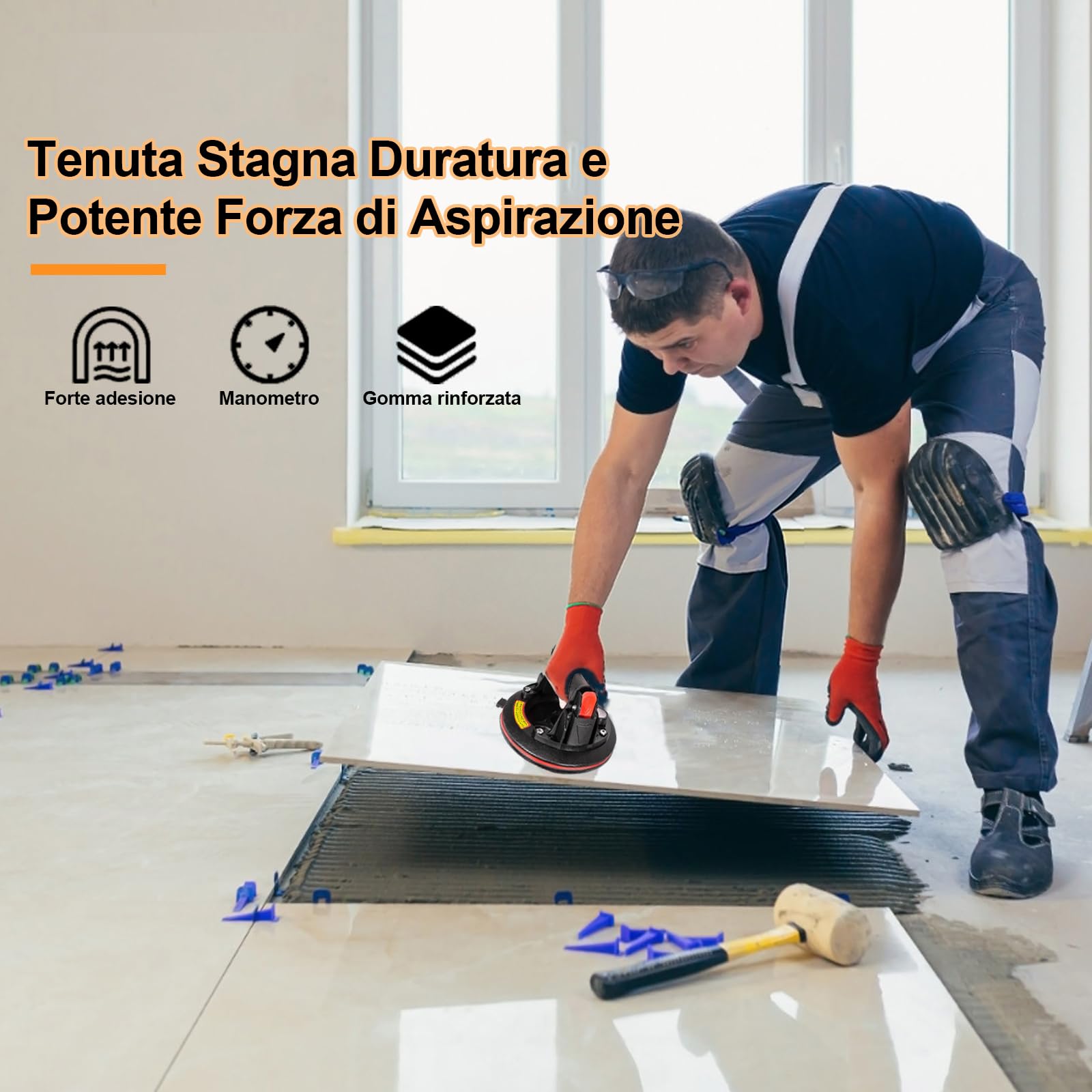 Set di 2 ventose da 8" con manometro, sollevatore a ventosa, portata massima 230 kg, sollevatore a ventosa per piastrelle, vetro, laminato con cassetta degli attrezzi portatile
