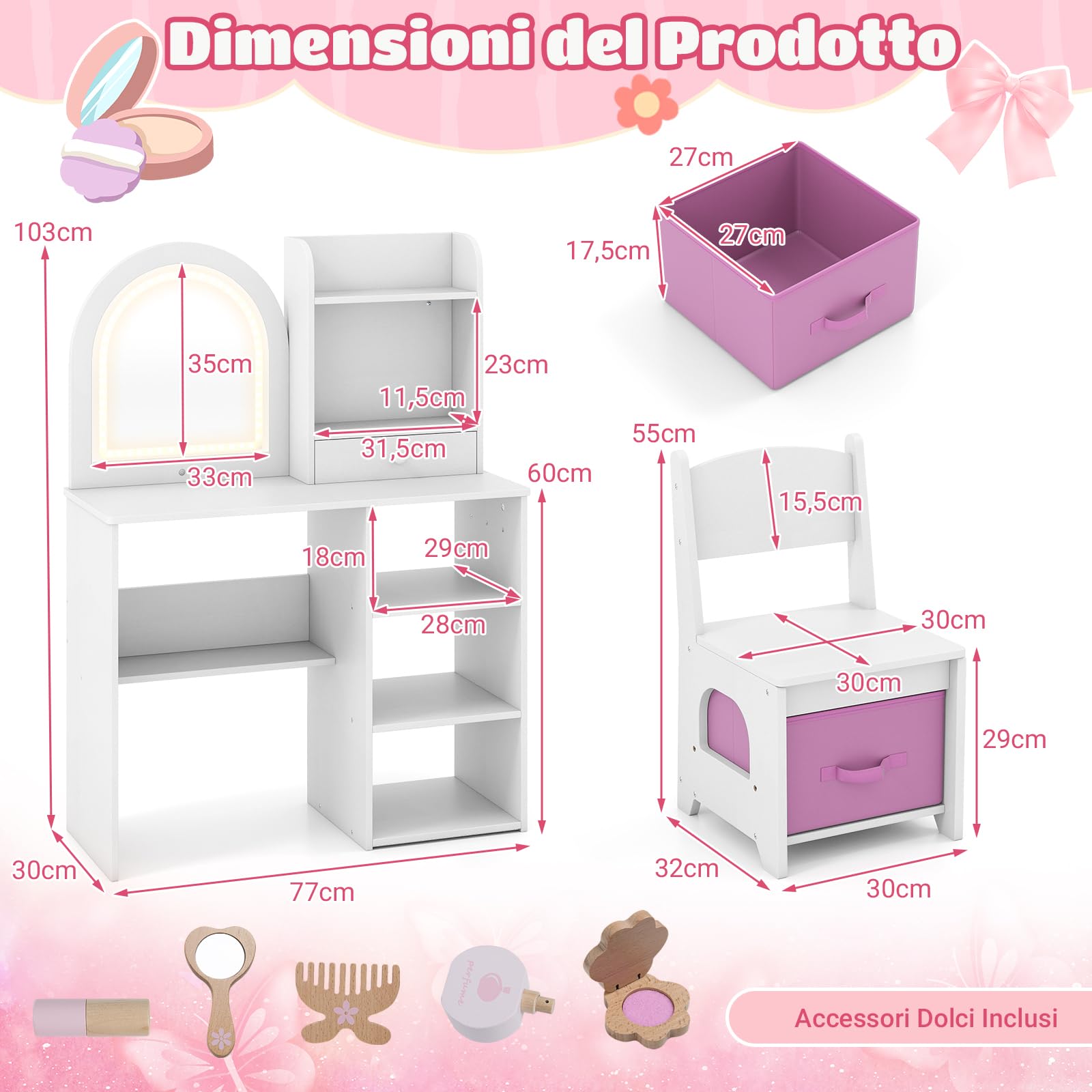 COSTWAY Toeletta Trucco per Bambina con Sgabello, Tavolo Trucco in Legno con Specchio Luci LED, Ripiani Aperti, 3 Ganci e Cassetto, Set Mobile da Principessa con 5 Giocattoli per 3+ Anni (Bianco)