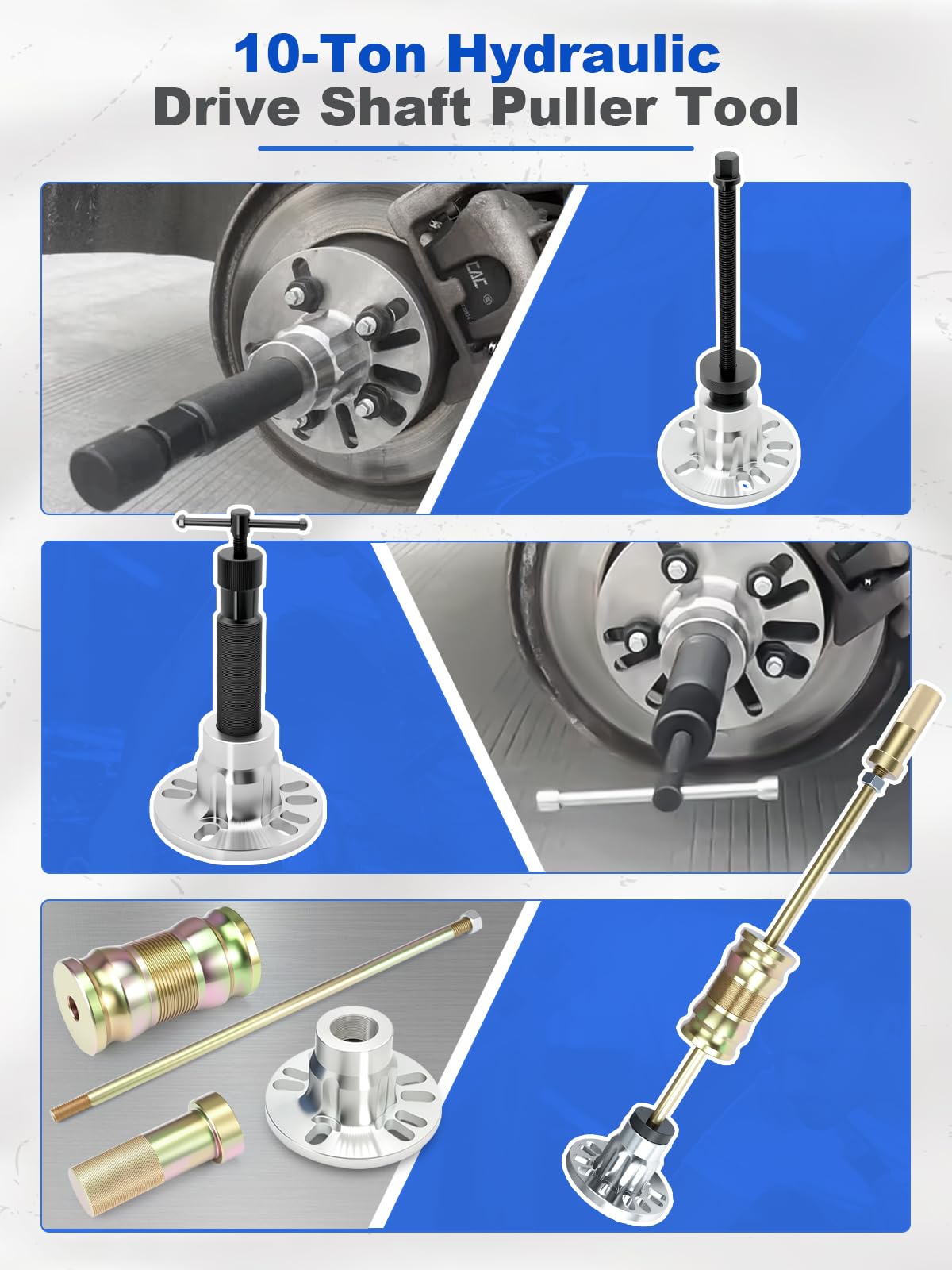 10T - Extractor de cubos hidráulicos de rueda (8 piezas, universal, para llantas de 4/5 agujeros (96 – 125 mm), extractor de ejes de accionamiento con bomba hidráulica manual y martillo de