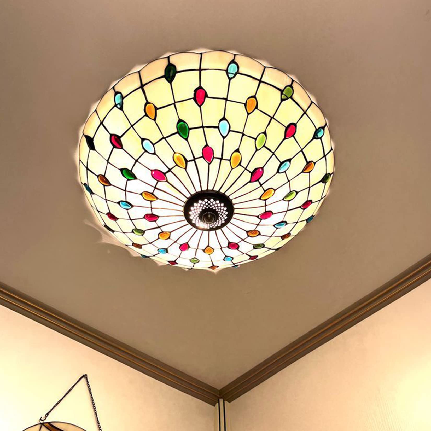 Klasyczna turecka lampa sufitowa śródziemnomorska, marokańskie witrażowe rękodzieło z kutą podstawą, lampa wisząca LED do salonu, sypialni, kuchni, jadalni, kolorowa, 40 cm