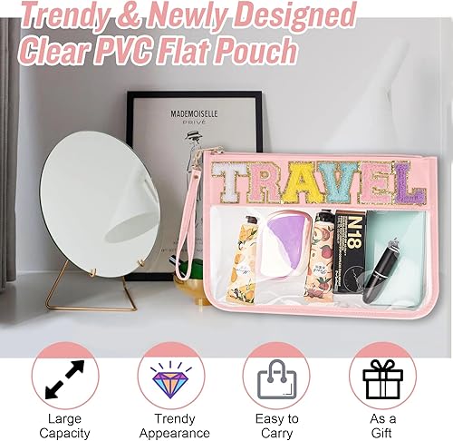 Miniatura 5 de izuzta Bolso transparente con letras de chenilla, bolsa transparente con cremallera y correa para la muñeca, Rosado