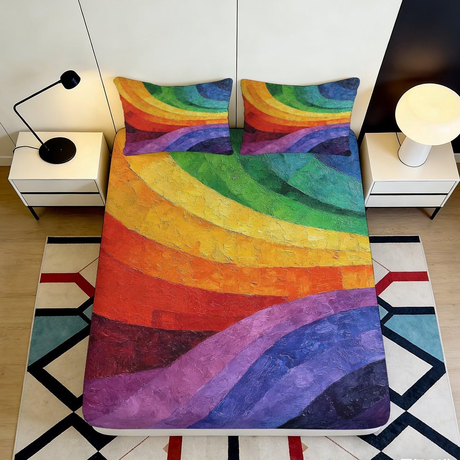 3D Printed Rainbow Abstract Fitted Sheet Microfiber Soft Durable Colorful Wave Bed Cover for Bedroom Dormitory Guest Room Mattress Protection 200x200x25cm
