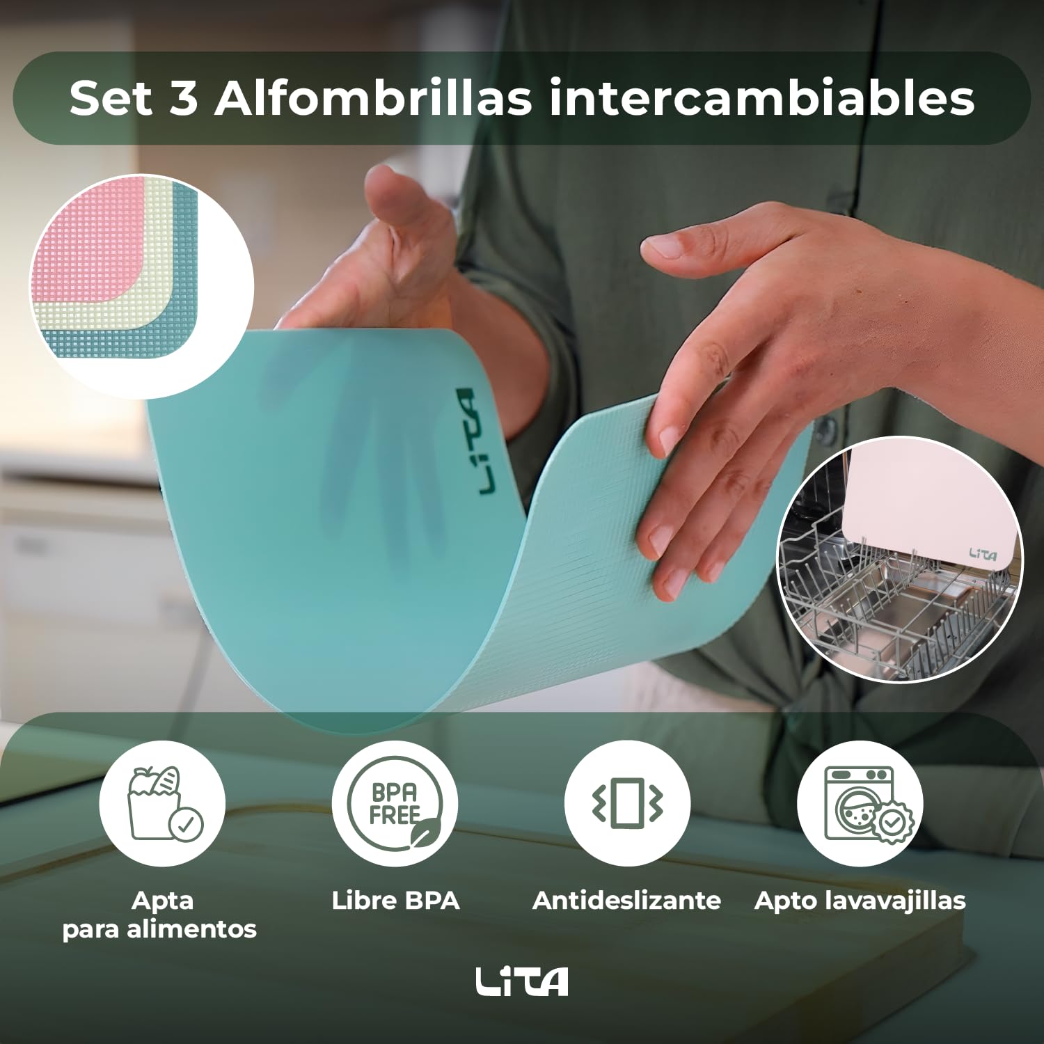 LITA Tabla de Cortar de Bambú Antibacteriana 36,5 x 27 x 4 cm, Doble Cara con 3 Alfombrillas Intercambiables, Tabla de Cocina para Carne, Pescado, Verduras y Pan, Libre BPA