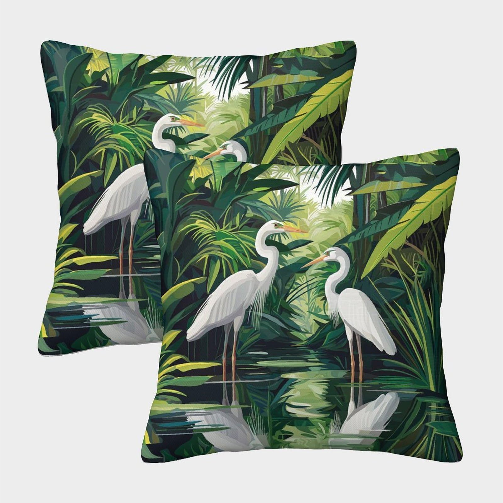 kaiyun 2 Pack 45x45cm Pillow Cases,Lush Tropical Plants,Elegant White Heron Decorative 3D Printed Cushion Cover,sofa Bed Decorative Cushions