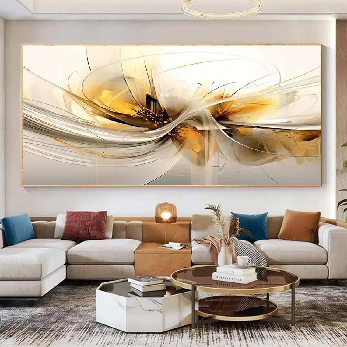 18meng Art Ohne Rahmen Groß Leinwand Bilder Abstrakt Weiß Gold Beige Leinwandbilder Bild auf Leinwand Morden Minimalistisch Linien Wandbilder für Wohnzimmer Schlafzimmer Wanddekoration 200x100 cm