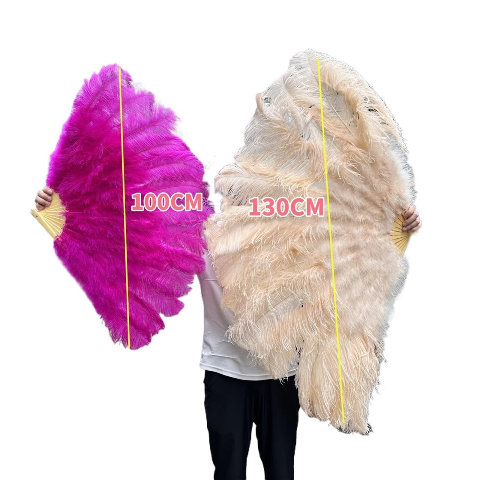 Grand éventail pliant en plumes d'autruche moelleuses - 13 branches - 100 cm / 130 cm - Pour mariage, fête, spectacle sur scène - Main gauche - 130 cm - Blanc