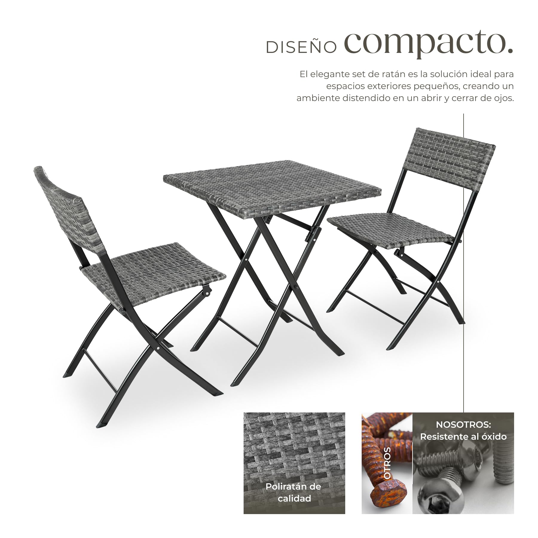 tectake® Conjunto Jardín Exterior de Ratán y Acero para 2 Personas, Muebles Jardín Exterior Resistentes a Intemperie, 2 Sillas y 1 Mesa, con Topes de Plástico, Plegable, Ligero y Compacto - Gris — view 5