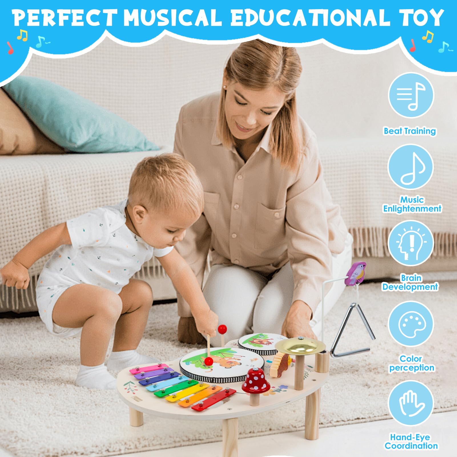 LZDMY Musikinstrumente Kinder ab 1 2 3 Jahr,Baby Musikspielzeug Triangel Schlagzeug Trommel Xylophon Instrumente Kinder, Musikset Montessori Spielzeug Geburtstag Ostern Geschenk Junge & Mädchen
