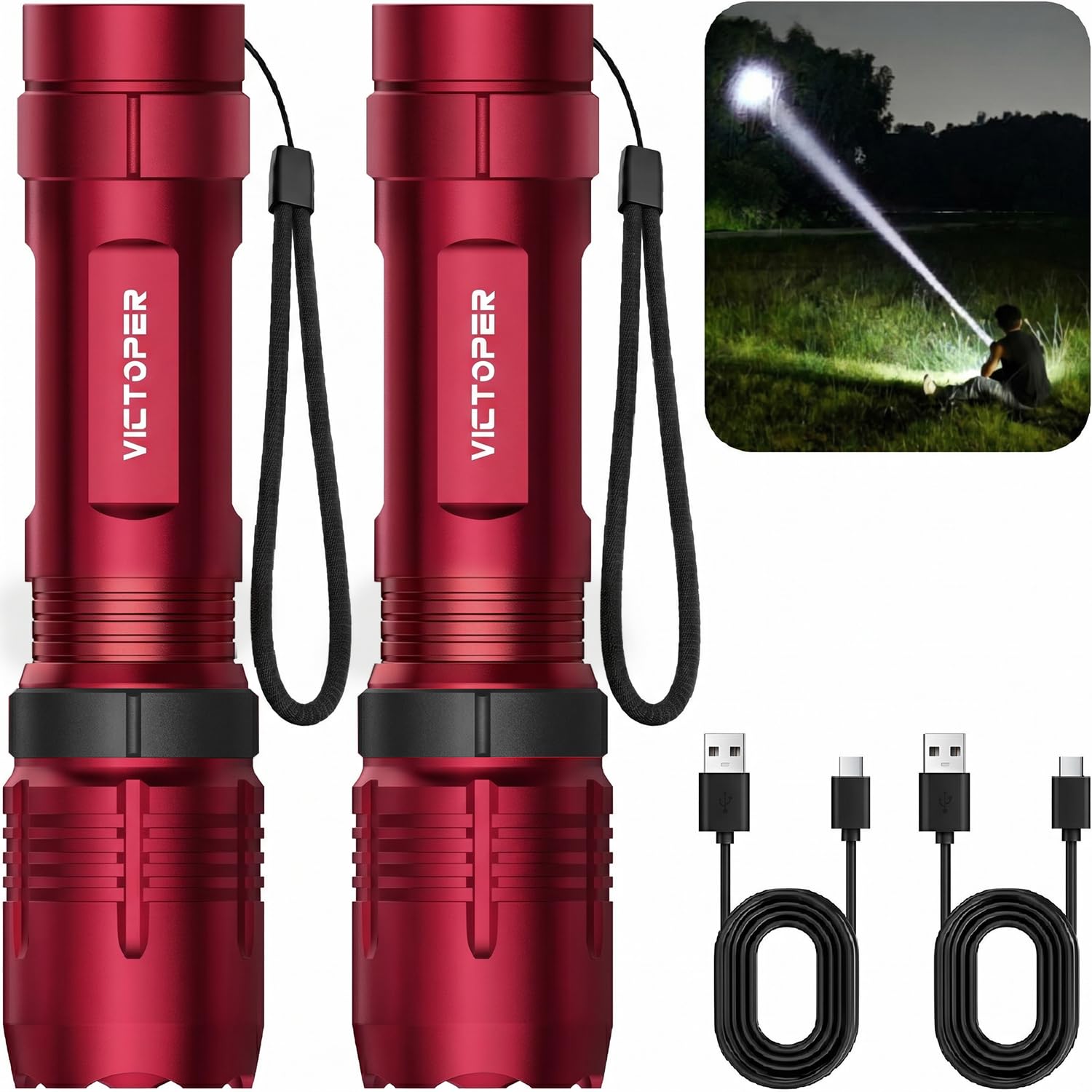 Victoper Red Rechargeabe Flashlight 2 Pack, High Lumens 5 Modes LED Bright Tactical Flashlights, Waterproof Zoomable Flash Light for Outdoor, Gifts for Camping Essentials Gear