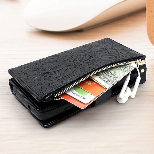 Miniatura 5 de Harryshell Funda de piel con cremallera magnética desmontable y bolsillo para monedas, 12 ranuras para tarjetas, correa de muñeca para Motorola Moto