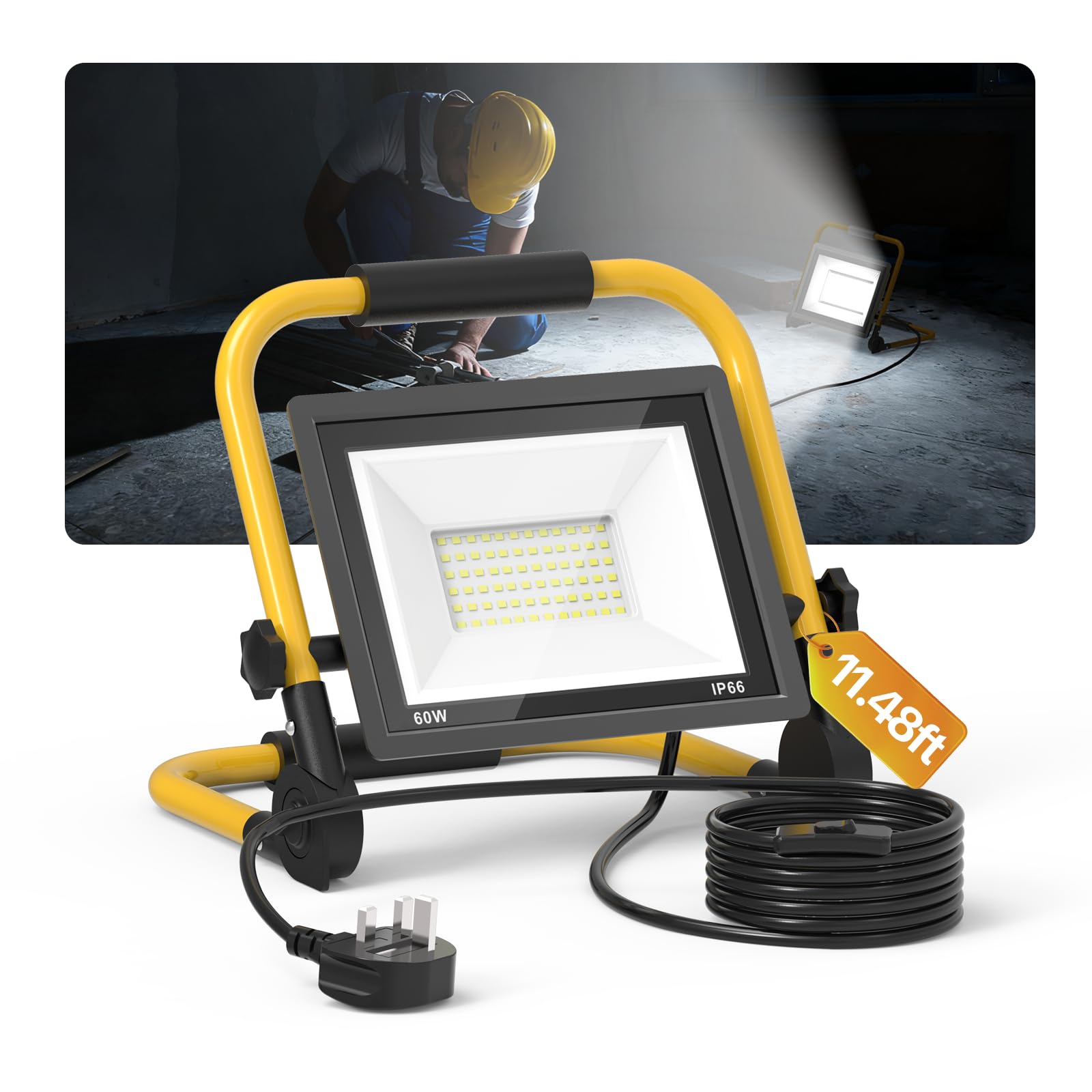 AIKVSXER 60W LED Work Light, 7200LM Folding Floodlight with Switch