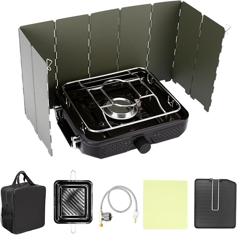 Uniflasy Propane Camping Stove with Carry Bag and Cookware Set | 6000 BTU Portable Gas Stove for Camping Backyard Hiking Outdoor Use,Black