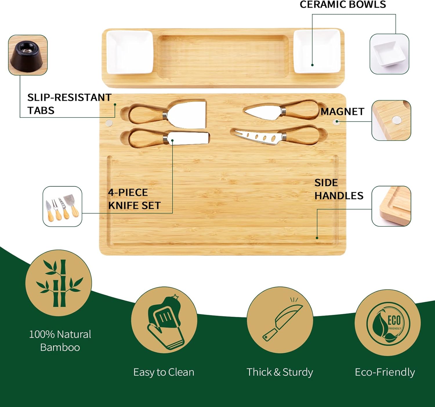 Charcuterie Boards Set, Cheese Board and Knife Set with 2 Ceramic Bowls, Bamboo Cheese Tray Serving Board - Unique, Wedding, Housewarming, Birthday Gifts - Image 6