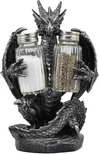 Ebros Gift Juego de salero y pimentero gótico medieval, color negro, semimetálico, negro, estatua de 7.75 pulgadas de alto, figura de dragón de