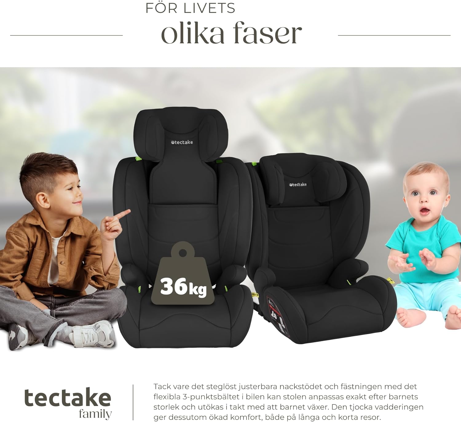 Close-up of the car seat's adjustable headrest mechanism, showing how to raise or lower it.