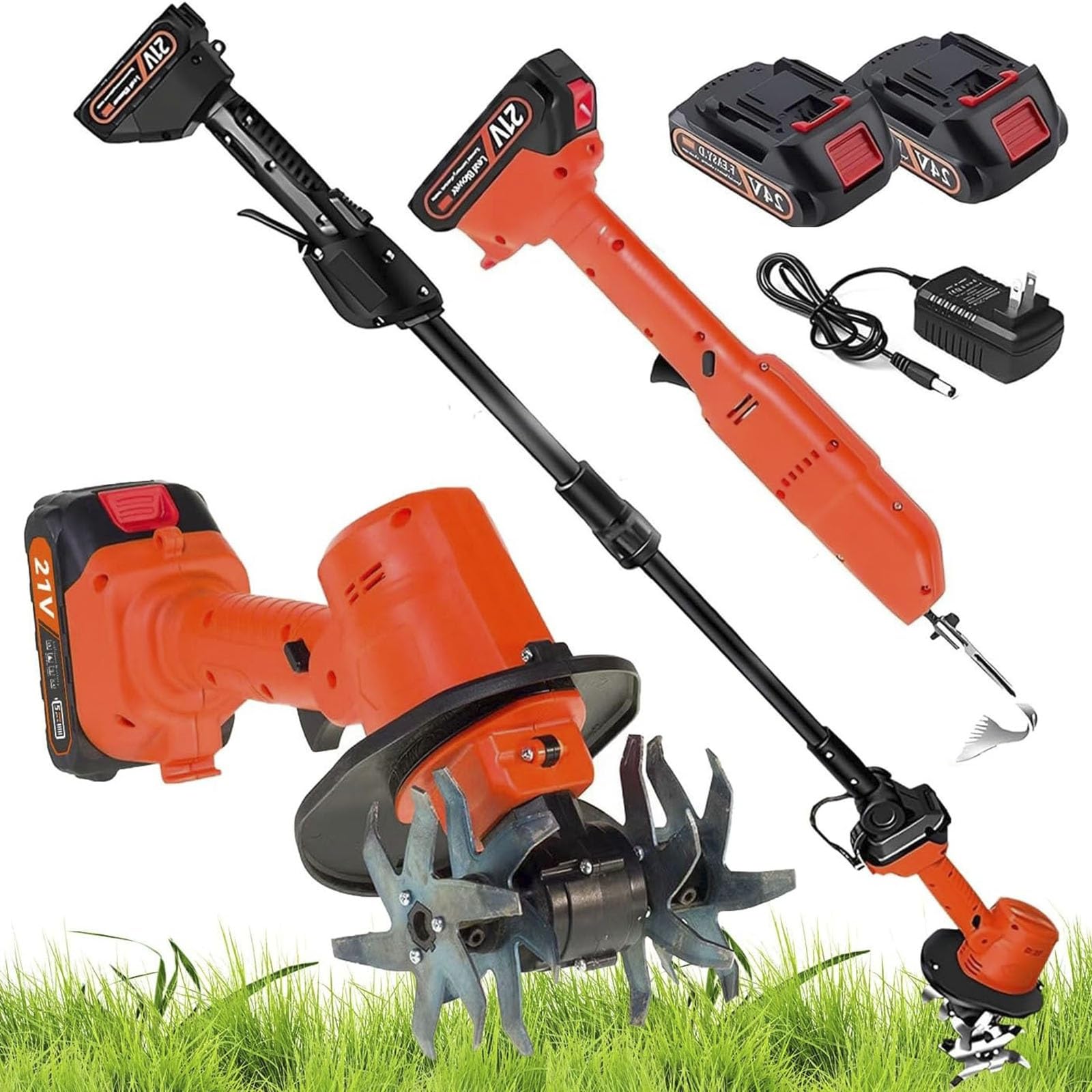 Motocoltivatore a batteria, larghezza e profondità di fresatura 4", asta di prolunga da 1,3 m, motocoltivatore elettrico portatile da 235 giri/min, 2 batterie da 1,5 Ah e caricabatterie.