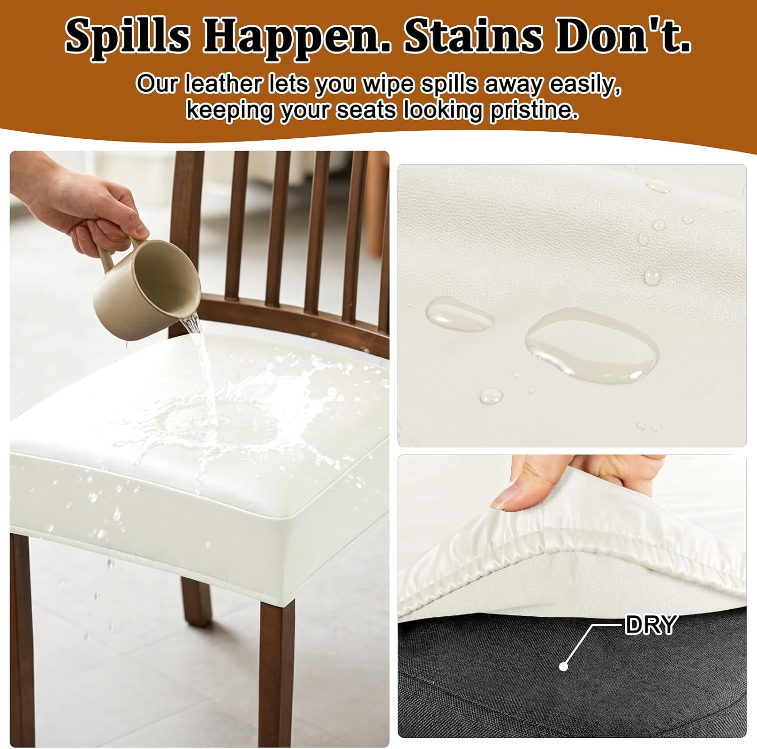 Dioxide Chair Covers Waterproof Pu Leather Seat Covers for Dining Room Chairs Set of 6,Soft Chairs Seat Slipcovers with Anti-Slip Elastic Band Protector Cover Stretch Kitchen Seat Covers(White)