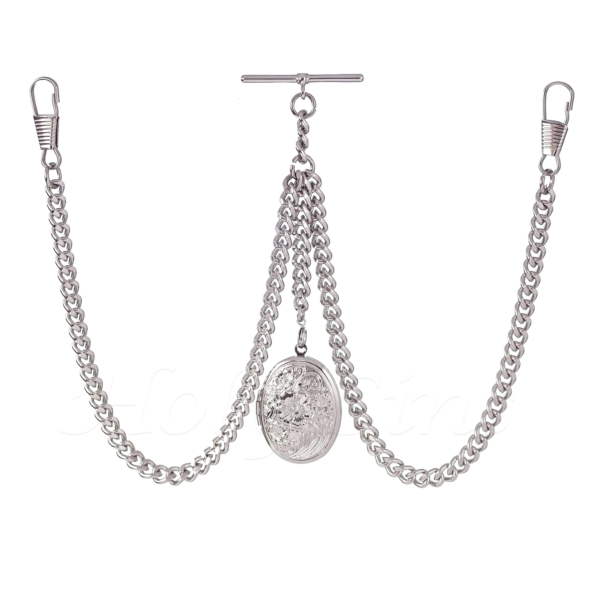Holy Sins Jewellery Double Albert Silver Pocket Watch Chain with Floral Locket Pendant – Adjustable Length, Handmade in the UK