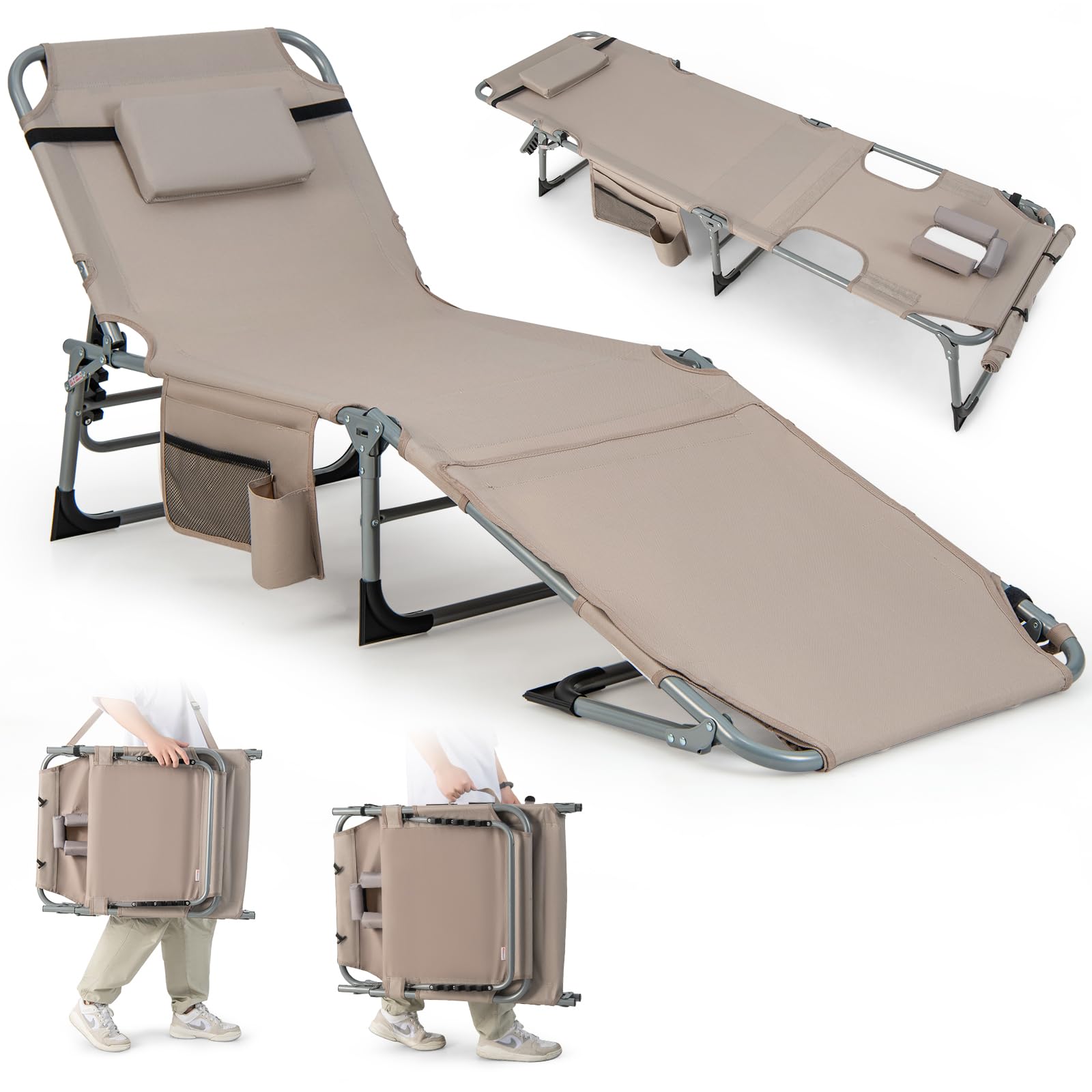 GIANTEX Chaise Longue Jardin Exterieur Pliante, Trous pour Visage et Bra, Transat Jardin Exterieur, Oreiller, Poche Latérale, Bandoulière, Poignée, Dossier Réglable à 5 Positions, pour Piscine, Sable