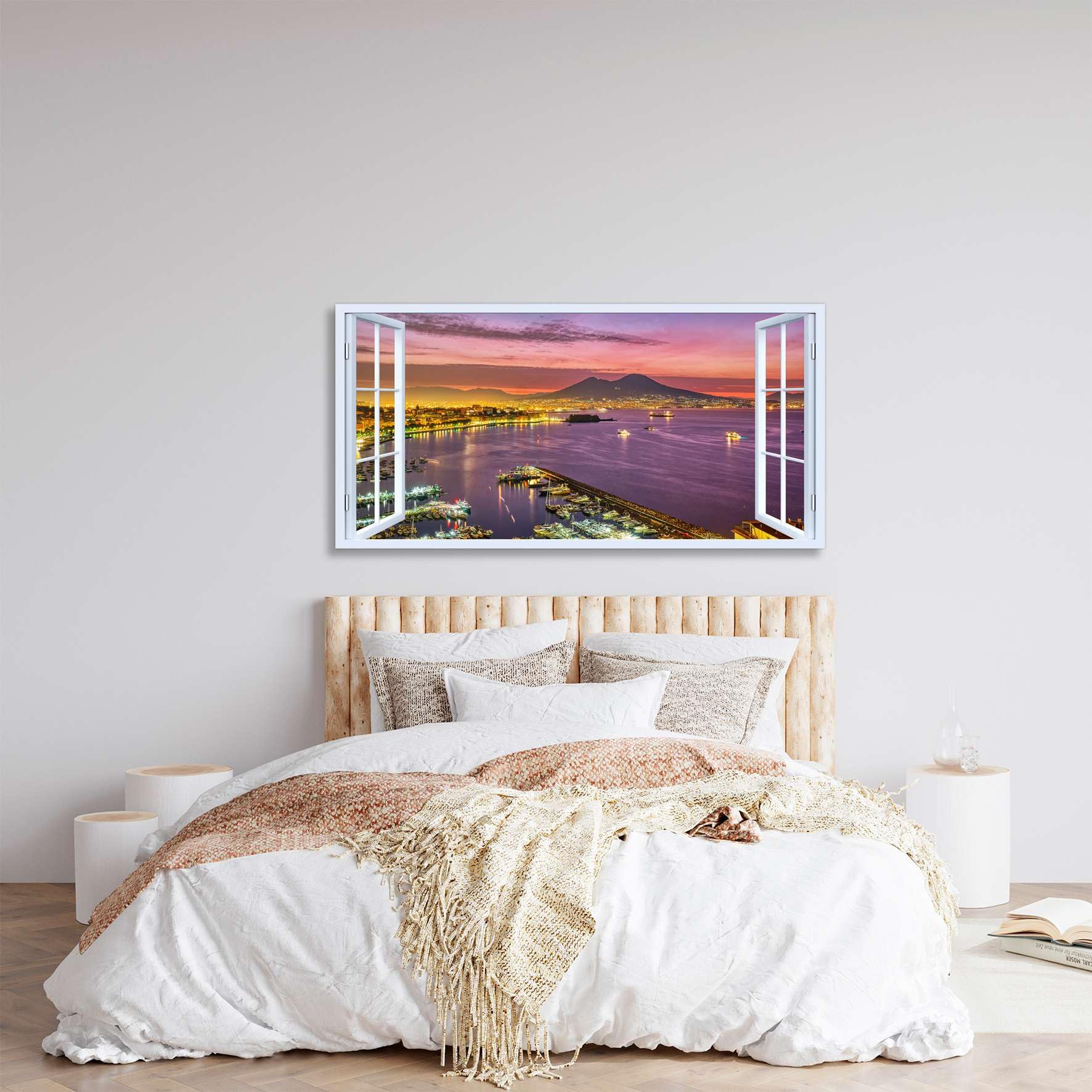 Quadro finestra Panorama golfo di Napoli Vesuvio al tramonto - Stampa su tela con telaio in legno - 120x60 cm