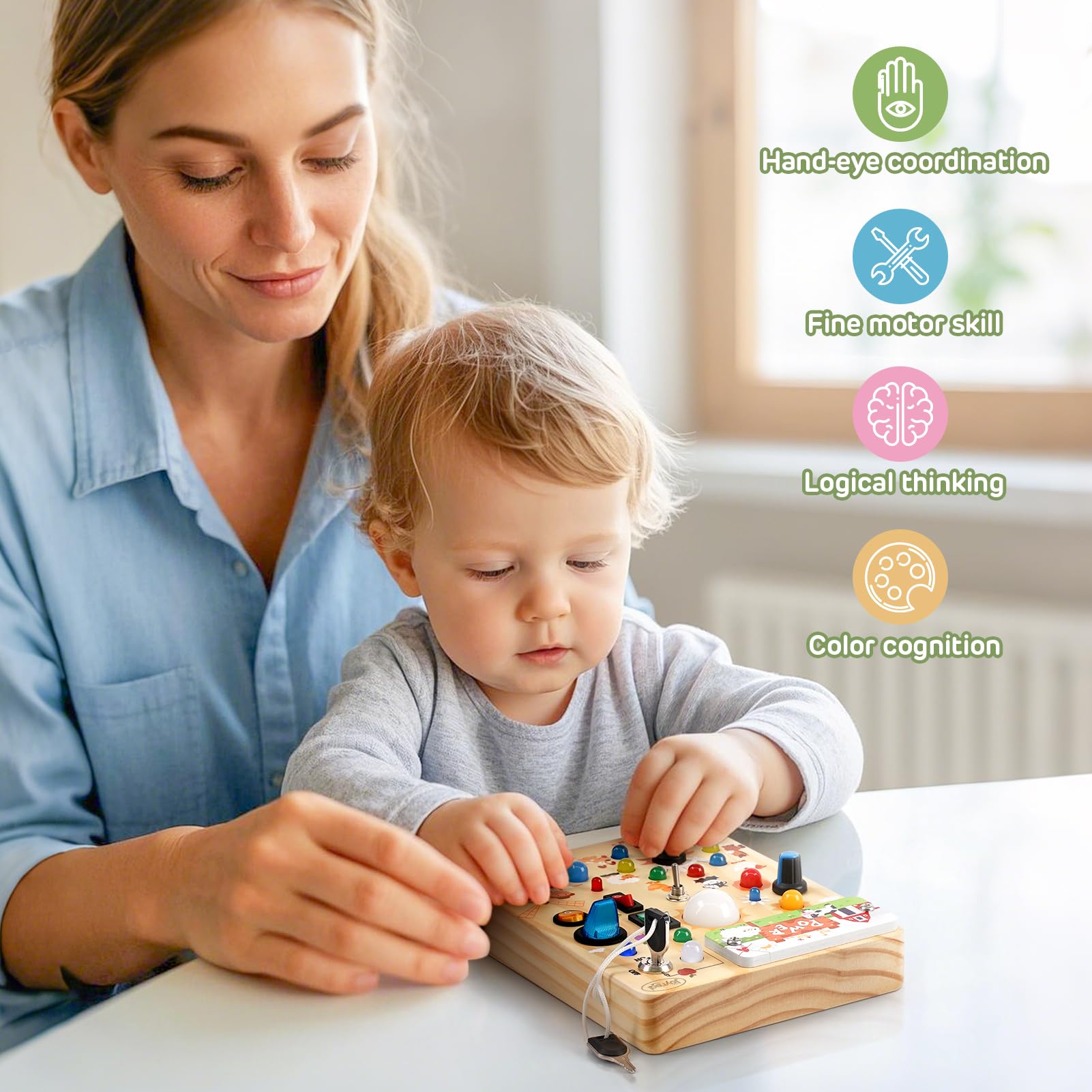 Joyreal Busy Board Montessori 1 2 Años, Tablero Juguetes Montessori Niños 1 2 3 Años, Juegos Educativos de Madera con 19 LED, Regalos Juguetes Sensoriales Bebe (Granja)