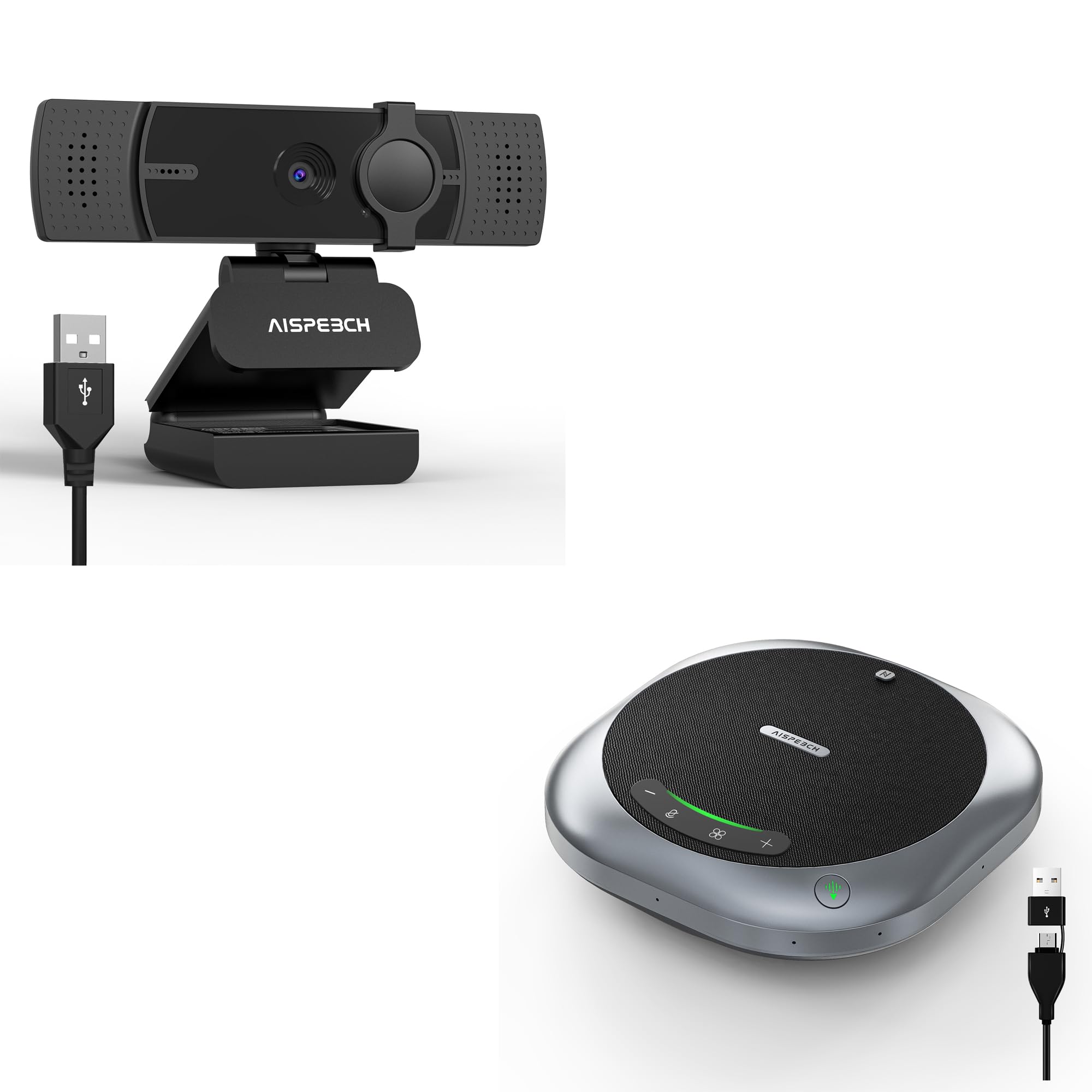 AISPEECH M6 Black Bluetooth Speakerphone Conference Microphone with AI Noise Reduction&UVC 20 4K Webcam with Auto Focus, Auto Light Correction for Streaming/Online Teaching/Video Calling/Zoom/Skype