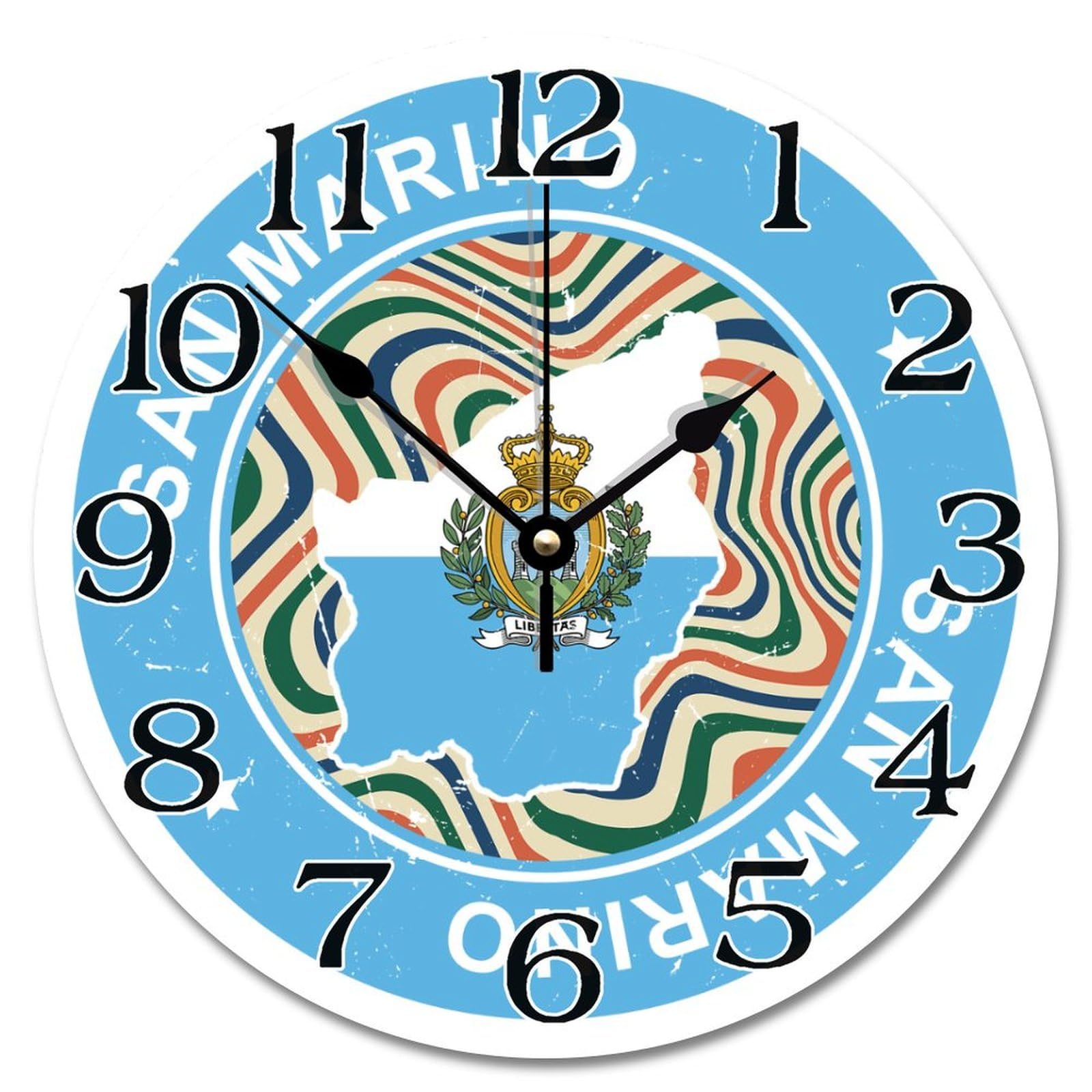 Grande horloge murale colorée en bois de 38cm à pile motif Saint-Marin