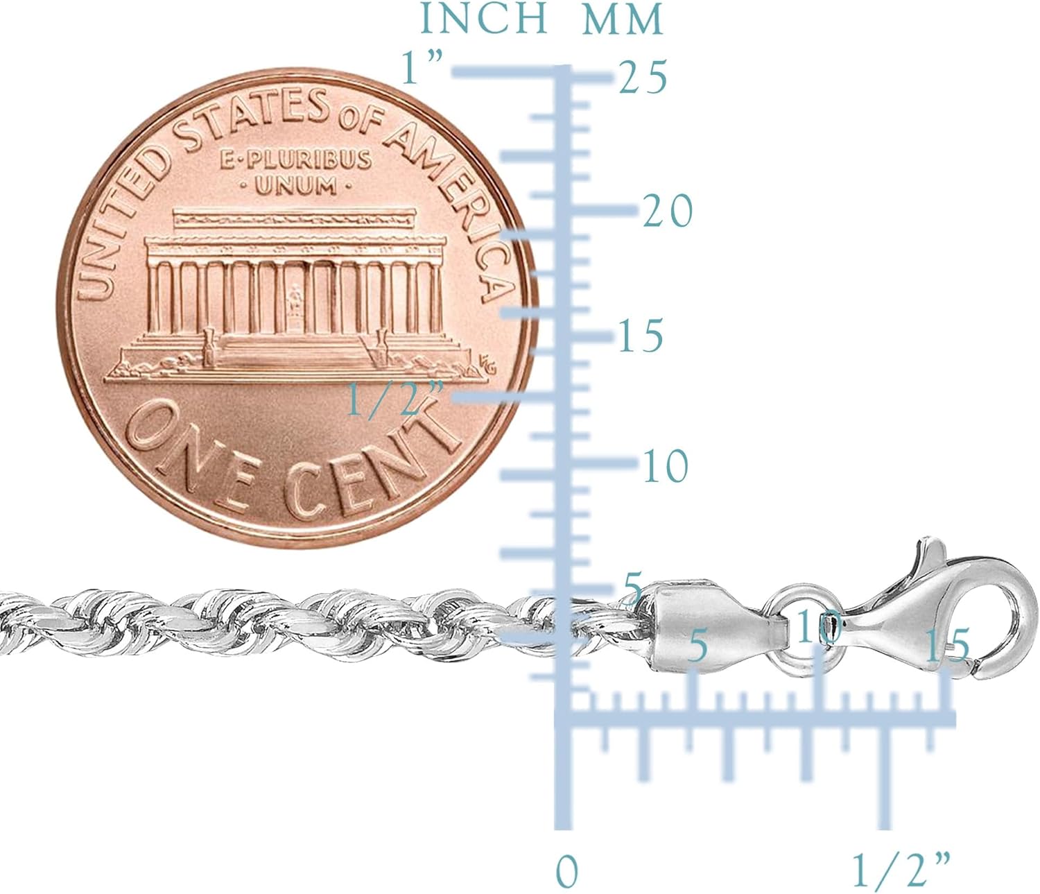 Jewelry Affairs 14k White Solid Gold Diamond Cut Rope Chain Necklace, 3mm