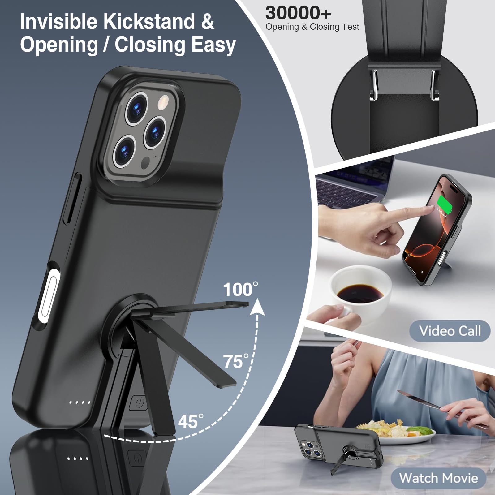 BOPPS Custodia con batteria per iPhone 16 Pro con supporto, custodia protettiva sottile da 8500 mAh con ricarica rapida da 15 W, compatibile con iPhone 16 Pro, custodia caricabatterie da 6,3 pollici