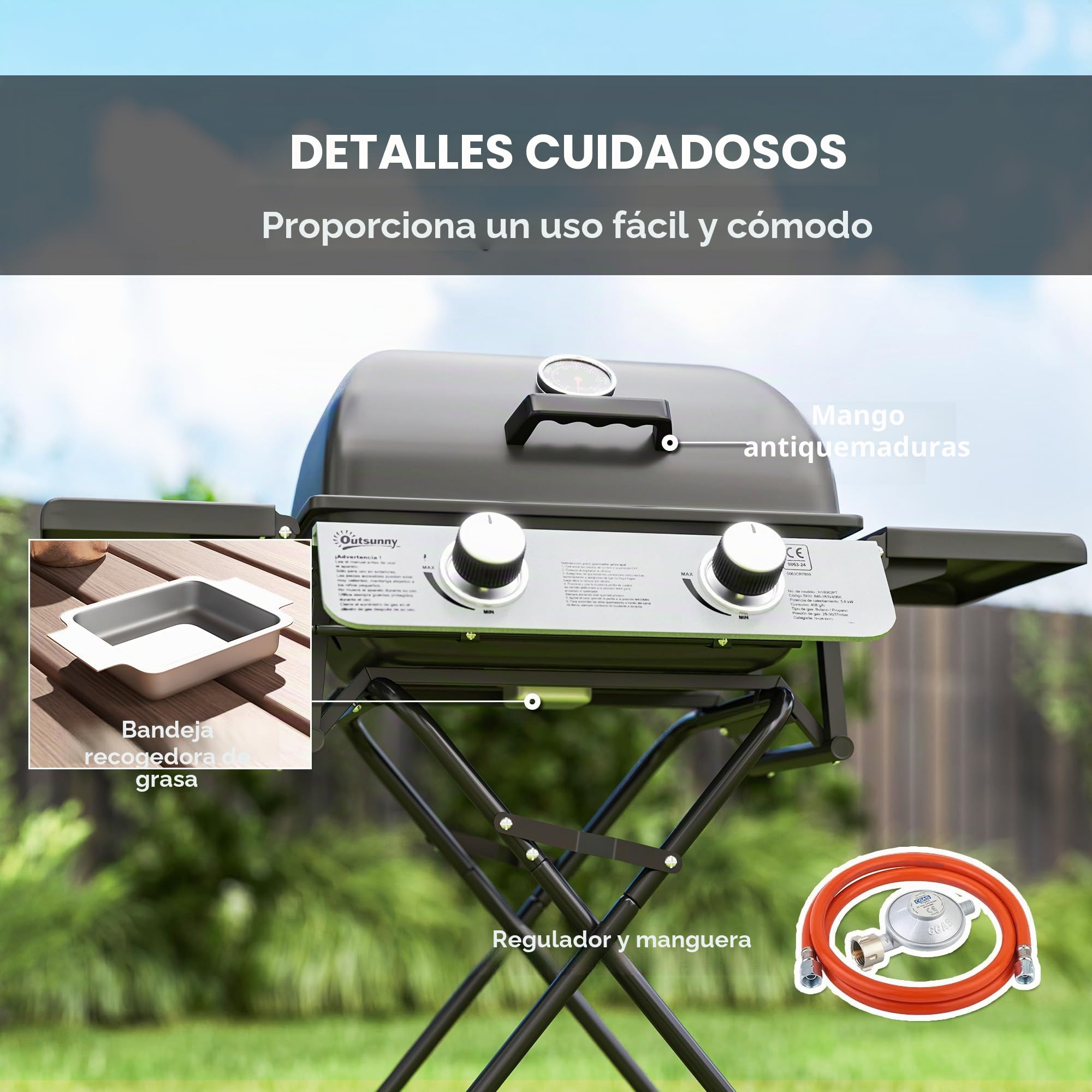 Outsunny Barbacoa de gas portátil plegable, 2 quemadores de 5,6 kW barbacoa de gas de camping con rejilla de cocina, estantes laterales, tapa, termómetro y ruedas, para camping, jardín y balcón negro