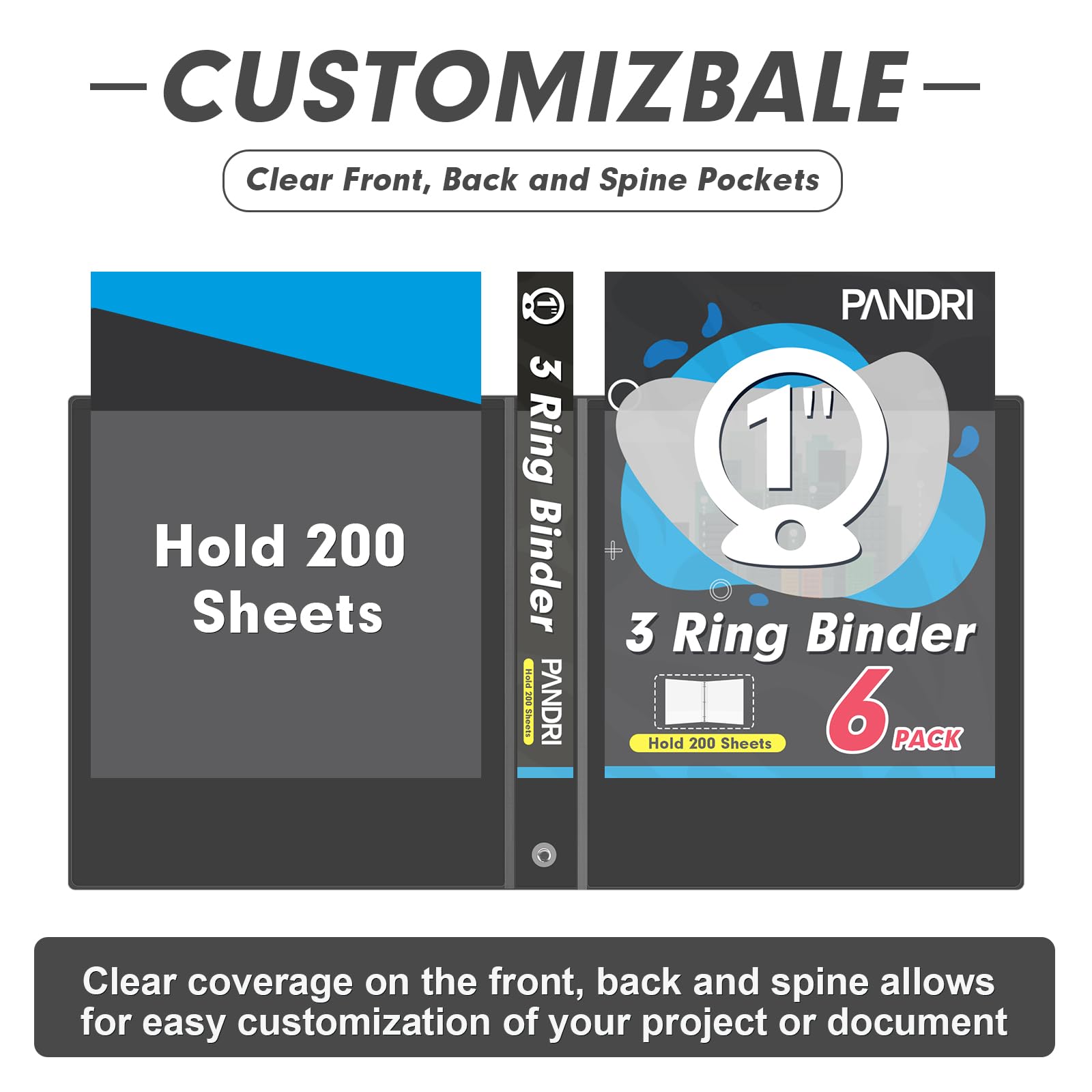3 Ring Binder 1 Inch, PANDRI 6 Pack 1-Inch Binder Fits Letter Size 8.5'' x 11'' Paper, Versatile Binders for Office Home School, 2 Pockets, Black