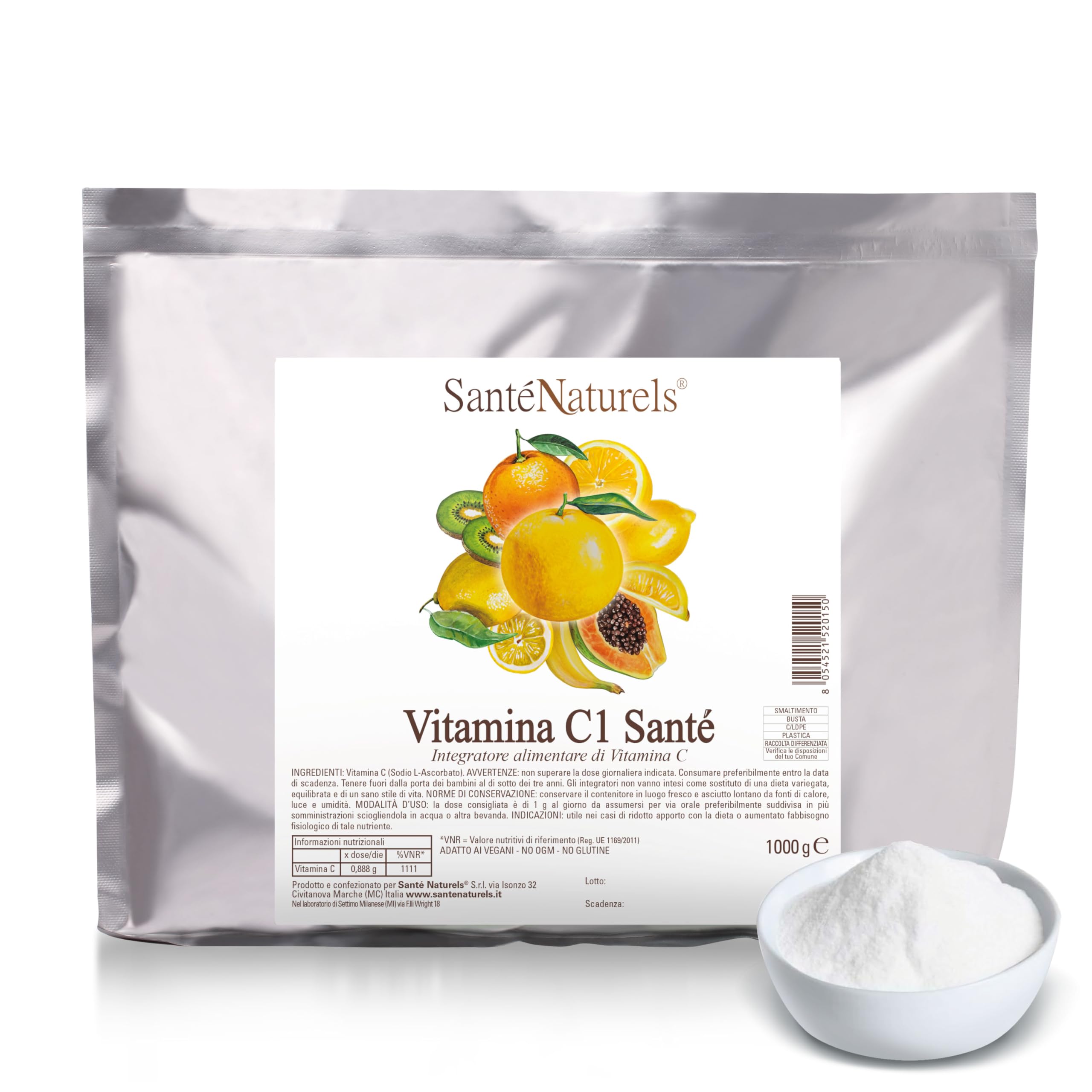 Acido Ascorbico 1kg ● Vitamina C in Polvere Pura Fine e Idrosolubile ● Integratore Alimentare Naturale ● No Ogm, No Lattosio, No Glutine ● Adatto ai Vegani