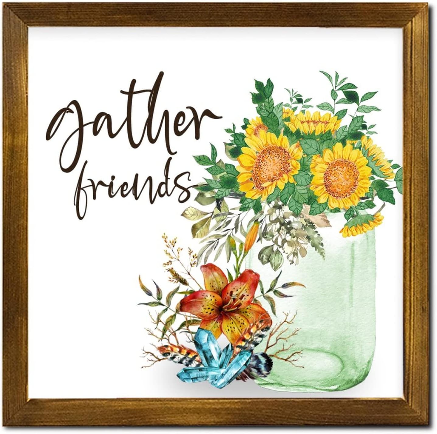 Gather Friends Framed Wooden Sign Spring Sunflower Flower in Vase Wall Sign Farmhouse Hello Spring Flower Home Wall Decoration for Home Restroom Bathroom Toilet Kitchen 12x12 inch
