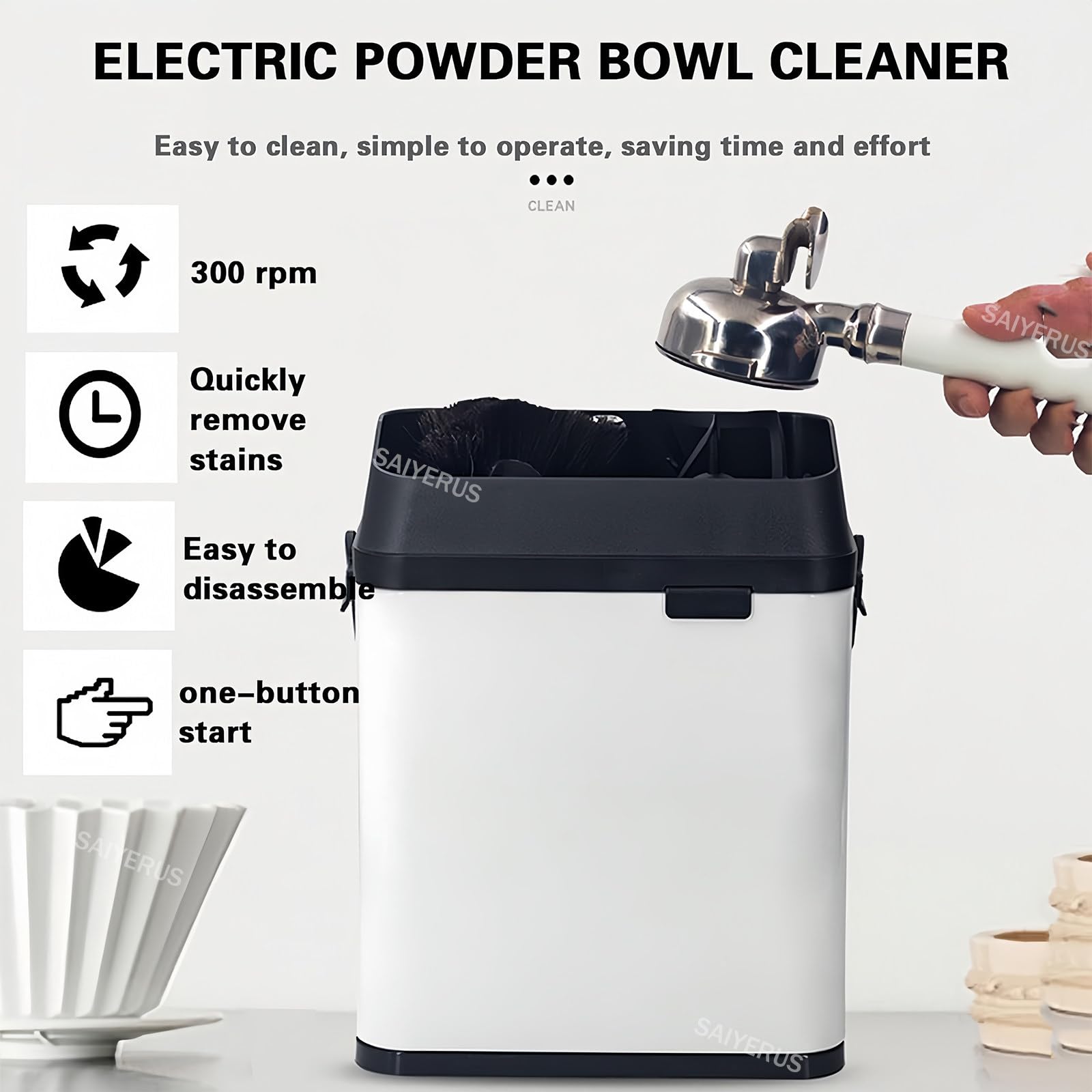 Limpiador de portafiltros eléctrico, máquina comercial de 150 W de 58 mm, 300 RPM con 2 raspadores y 1 cabezal de cepillo para limpieza de café en casa, cafetería, restaurante