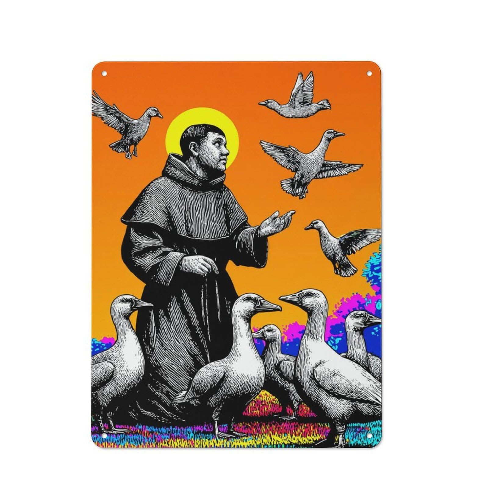 Junmoney Saint And Seagulls A Colorful Encounter Metal Wall Sign With Design 40X30cm, Loft Style Studio Wall Art For Flat, Bar, Studio Or Gallery Wall