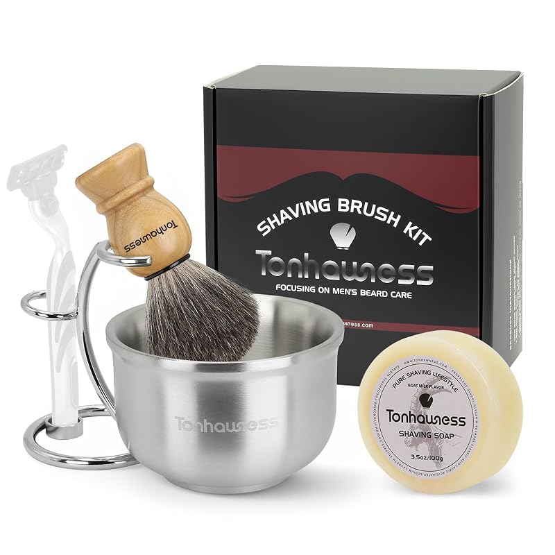 Kit de Pincel de Barbear tonhawness 4 em 1 com Pelo de Texugo, Tigela de Aço Inoxidável, Suporte e Sabonete